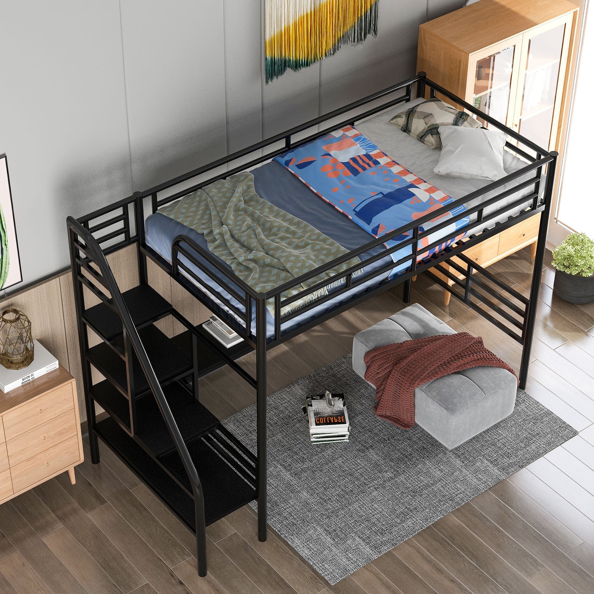 Metal Loft Bed Frame with Desk; No Box Spring Needed; Twin