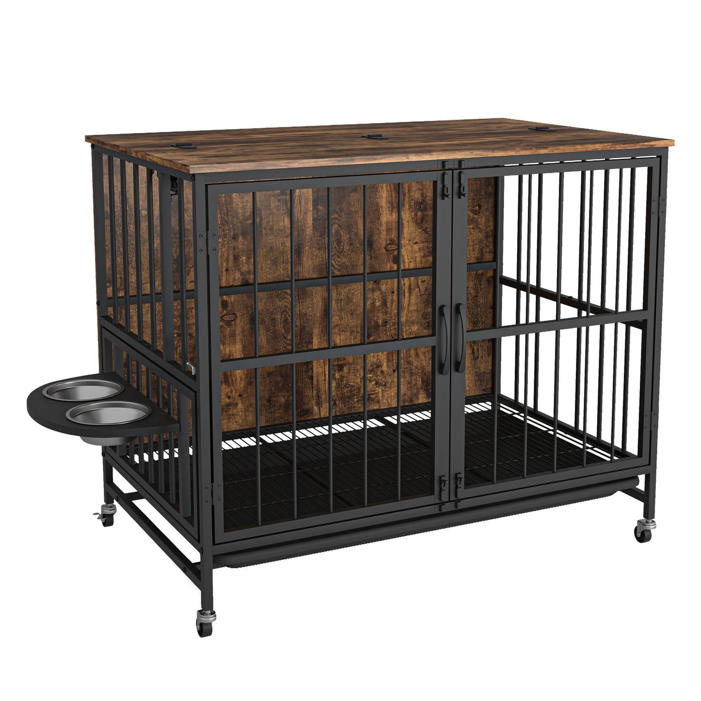 Modern Kennel Dogs room up to 80 LB, Dog crate furniture with Multi-Purpose Rremovable Ttray, Double-Door Dog House, lift Panel, 360 Degree Rotation -3 Height Adjustable Feeding Bowls