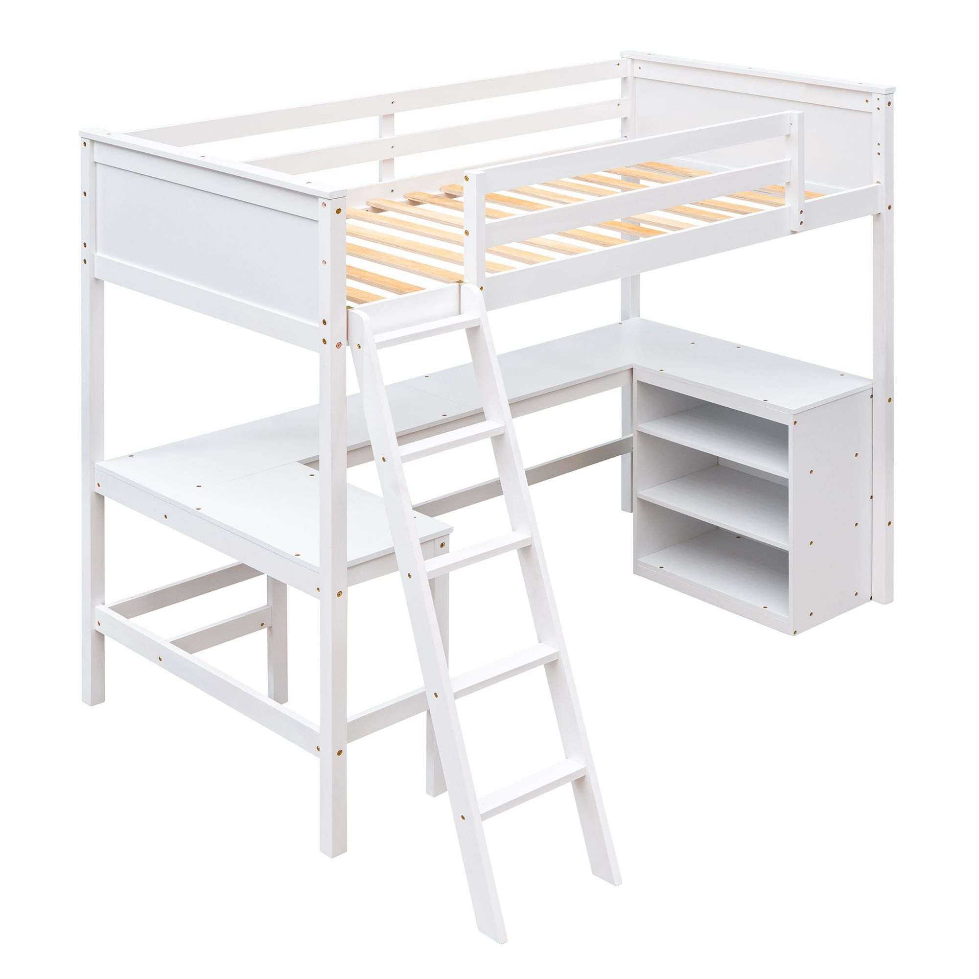 Twin size Loft Bed with Shelves and Desk; Wooden Loft Bed with Desk