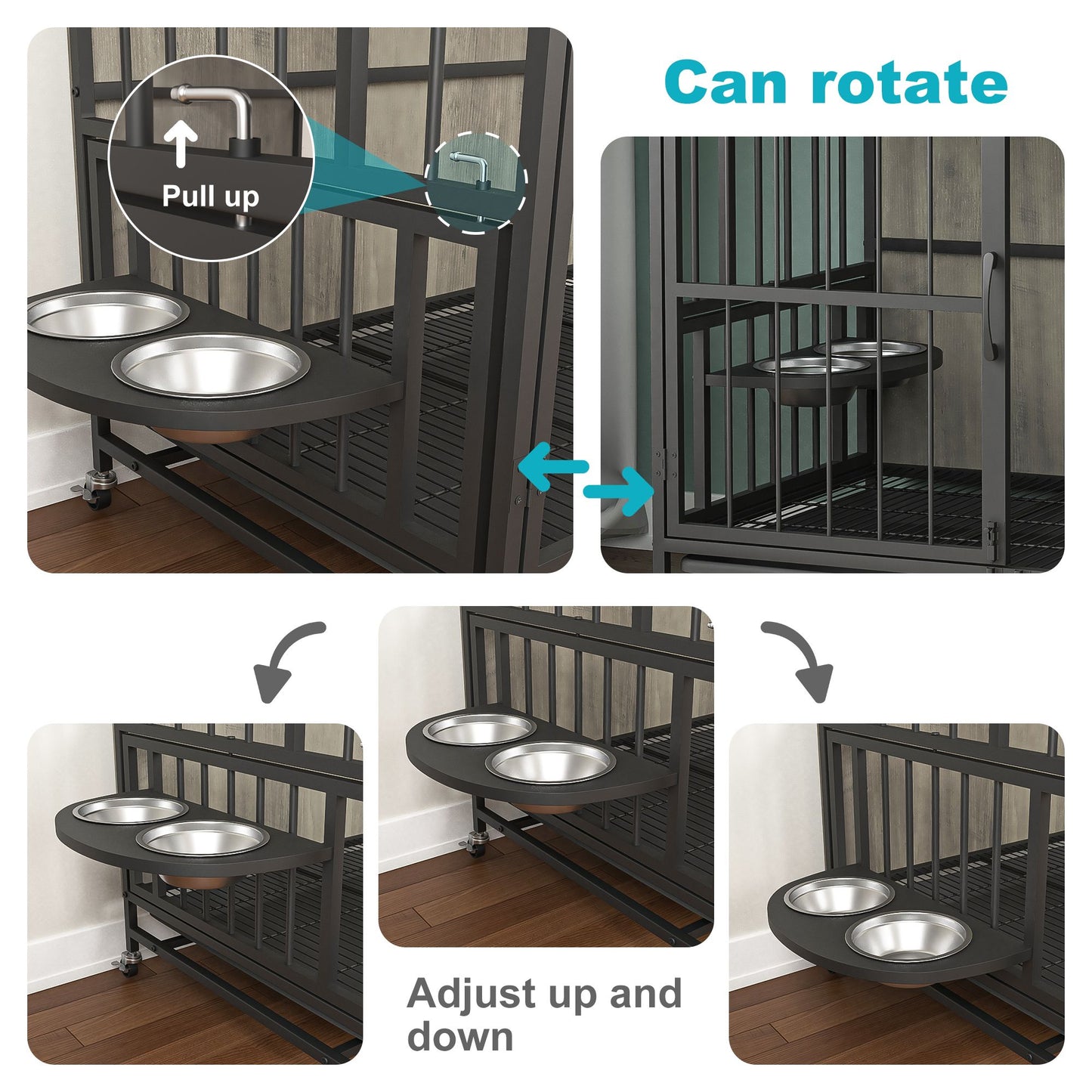 Modern Kennel Dogs room up to 80 LB, Dog crate furniture with Multi-Purpose Rremovable Ttray, Double-Door Dog House, lift Panel, 360 Degree Rotation -3 Height Adjustable Feeding Bowls