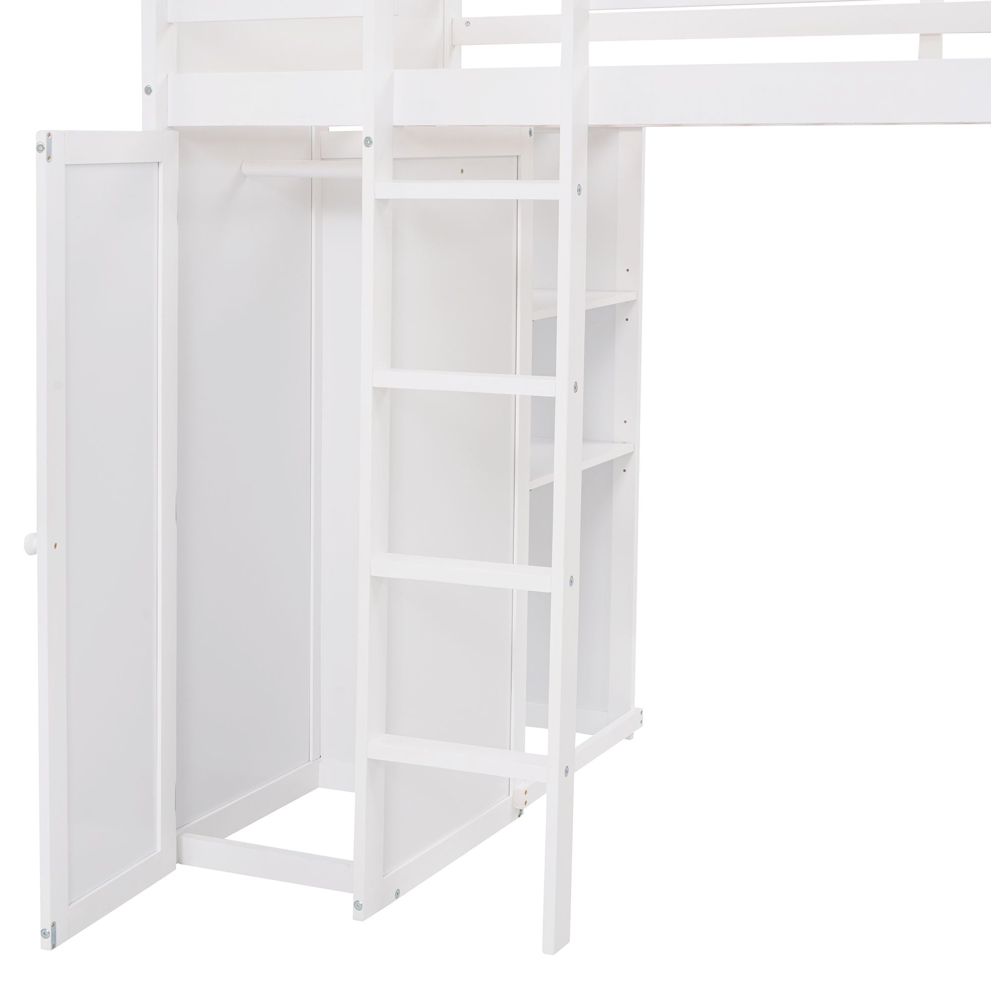 Twin size Loft Bed with a Stand-alone bed; Shelves; Desk; and Wardrobe