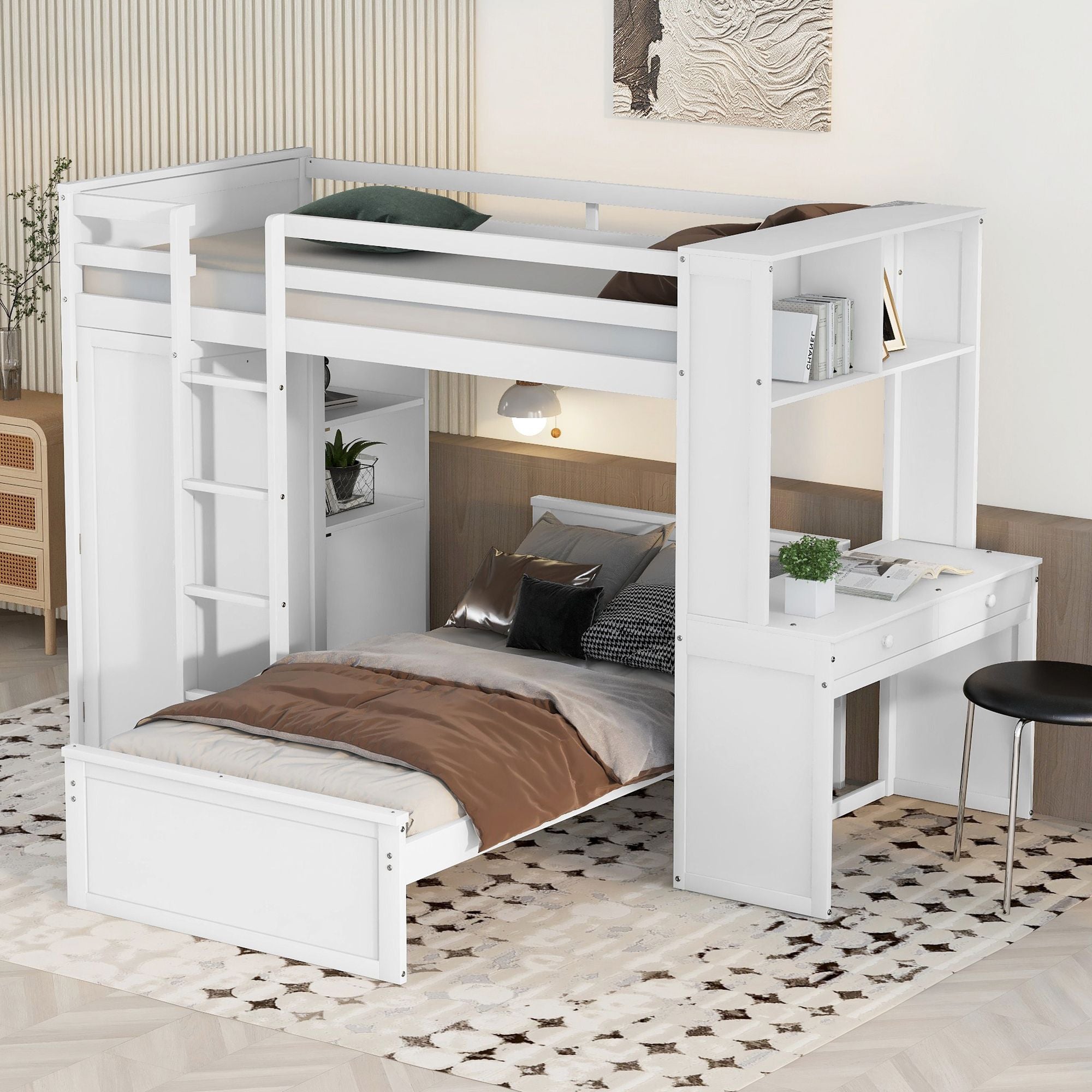 Twin size Loft Bed with a Stand-alone bed; Shelves; Desk; and Wardrobe