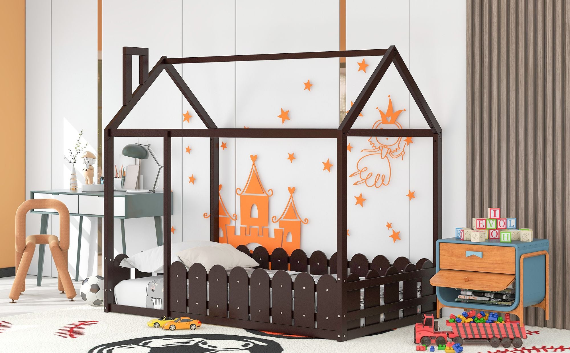(Slats are not included) Twin Size Wood Bed House Bed Frame with Fence; for Kids; Teens; Girls; Boys