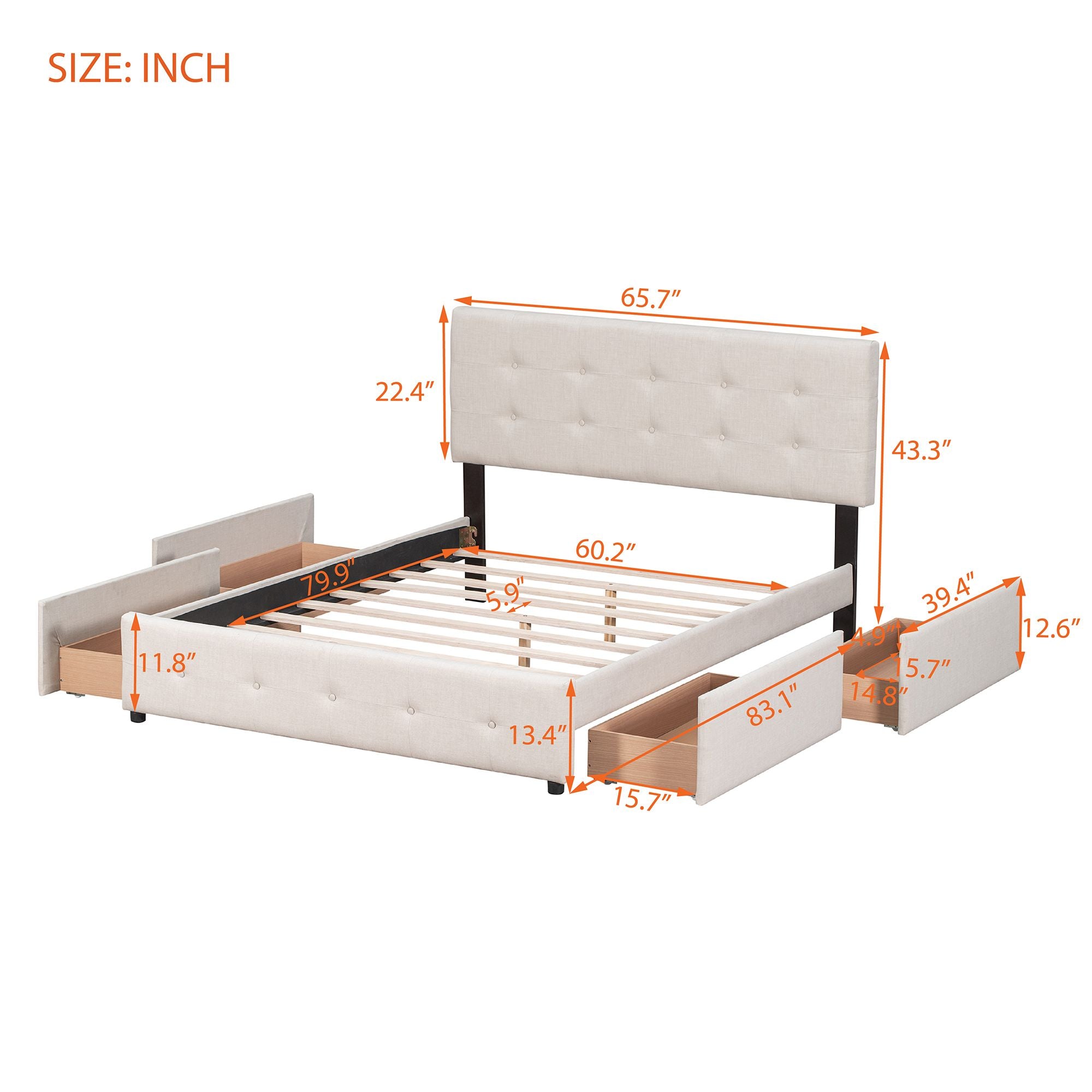 Upholstered Platform Bed with Classic Headboard and 4 Drawers; No Box Spring Needed; Linen Fabric; Queen Size