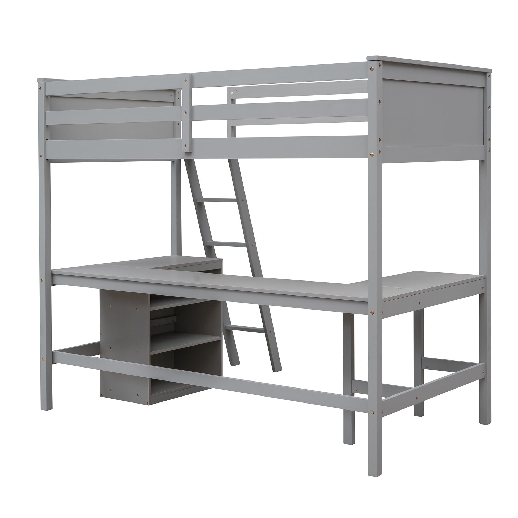 Twin size Loft Bed with Shelves and Desk; Wooden Loft Bed with Desk