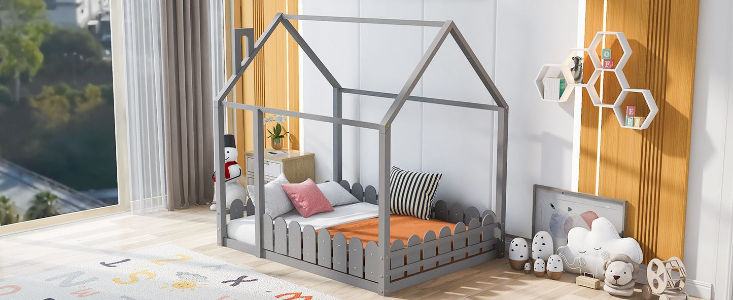 (Slats are not included) Full Size Wood Bed House Bed Frame with Fence; for Kids; Teens; Girls; Boys