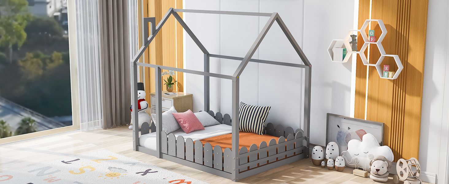 (Slats are not included) Full Size Wood Bed House Bed Frame with Fence; for Kids; Teens; Girls; Boys