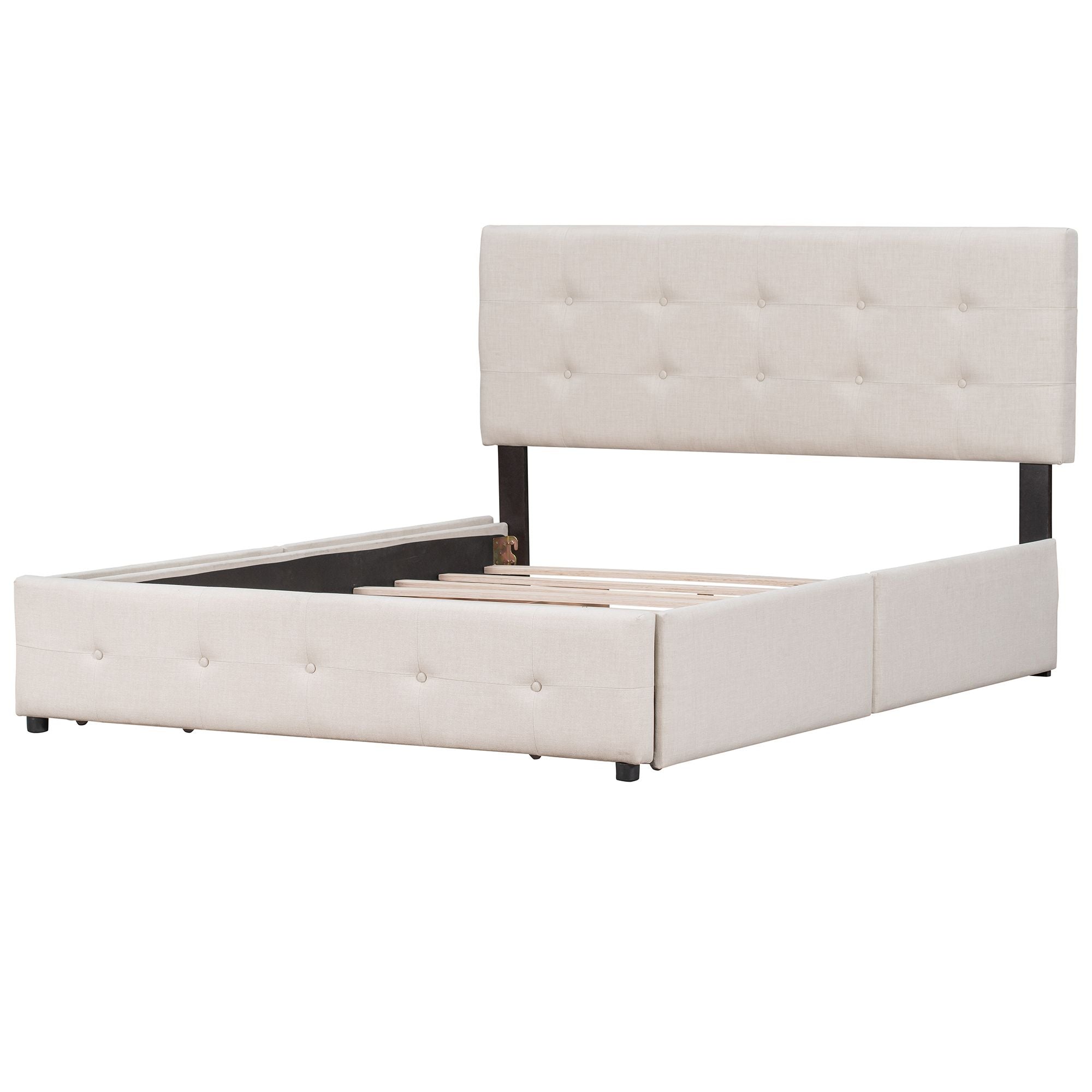 Upholstered Platform Bed with Classic Headboard and 4 Drawers; No Box Spring Needed; Linen Fabric; Queen Size