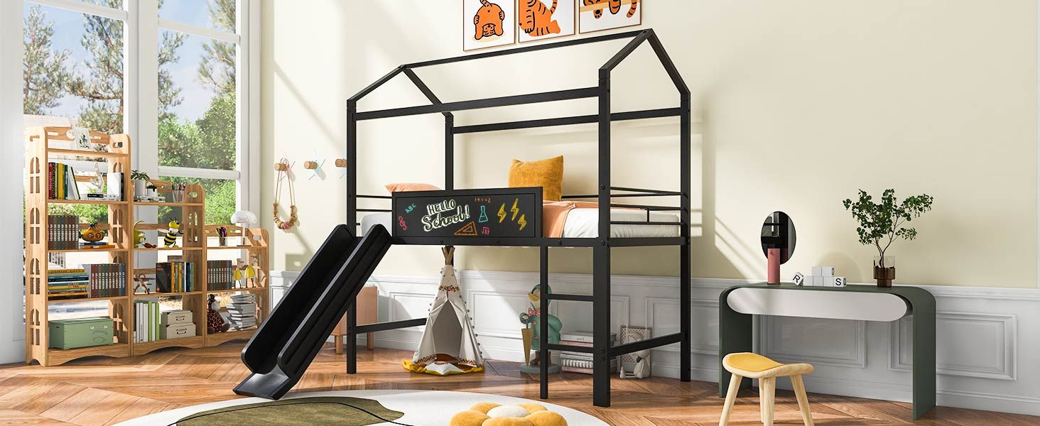 Metal House Bed With Slide; Twin Size Metal Loft Bed with Two-sided writable Wooden Board