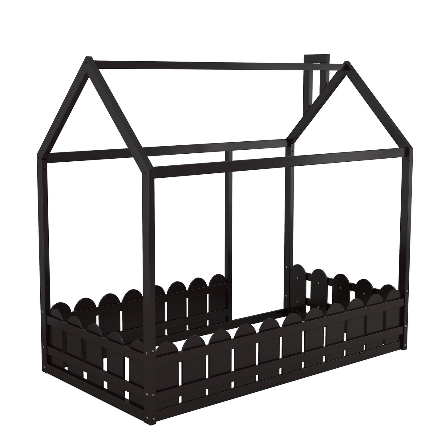 (Slats are not included) Twin Size Wood Bed House Bed Frame with Fence; for Kids; Teens; Girls; Boys