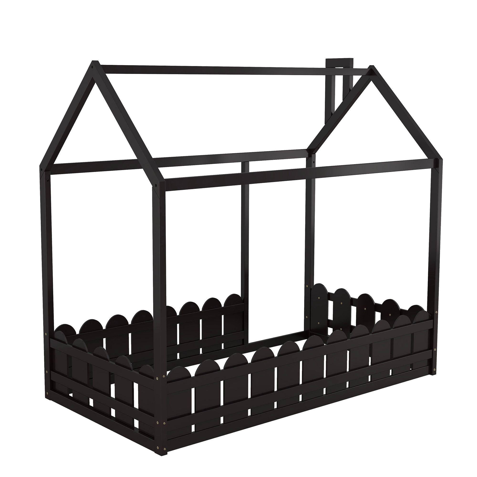 (Slats are not included) Twin Size Wood Bed House Bed Frame with Fence; for Kids; Teens; Girls; Boys
