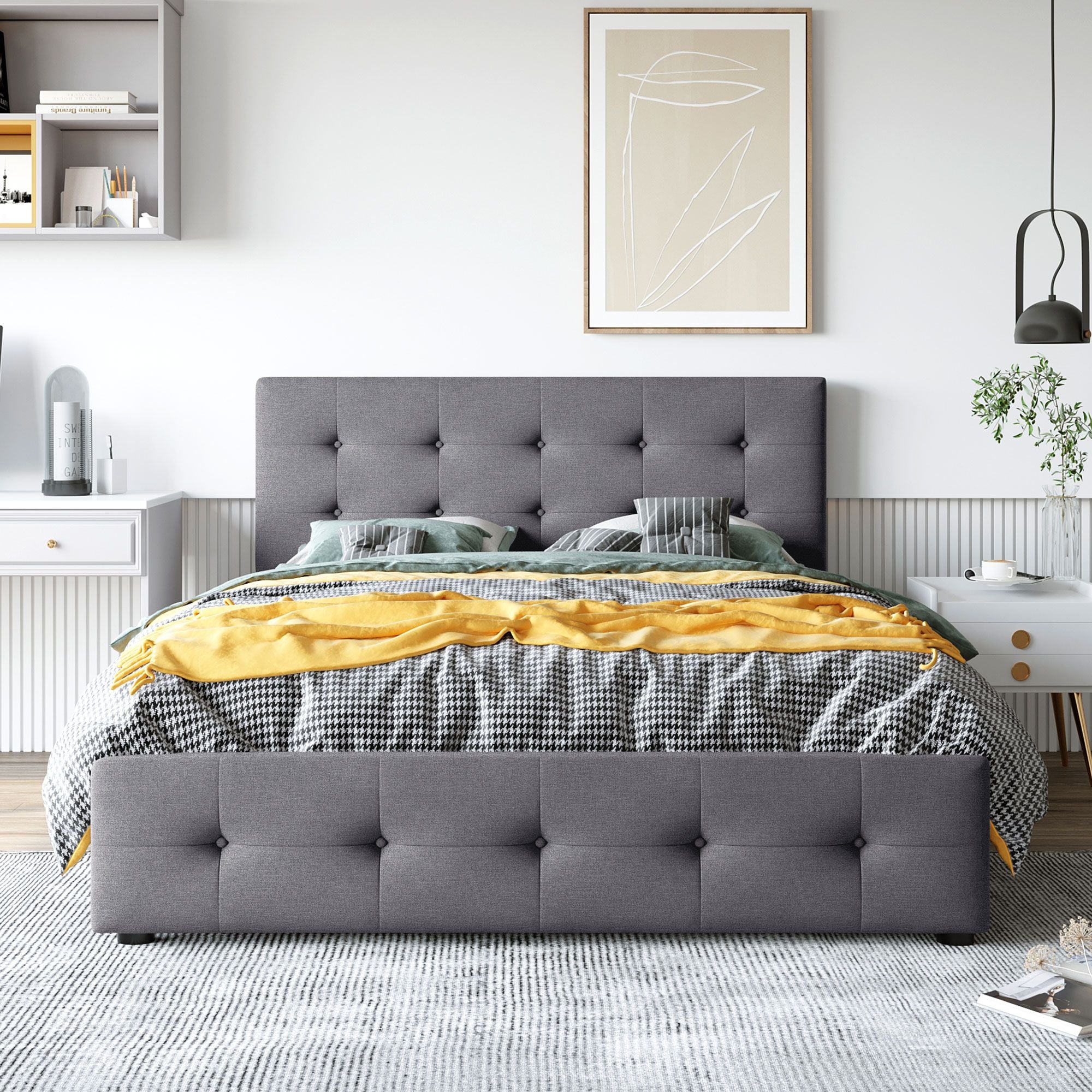 Upholstered Platform Bed with Classic Headboard and 4 Drawers; No Box Spring Needed; Linen Fabric; Queen Size