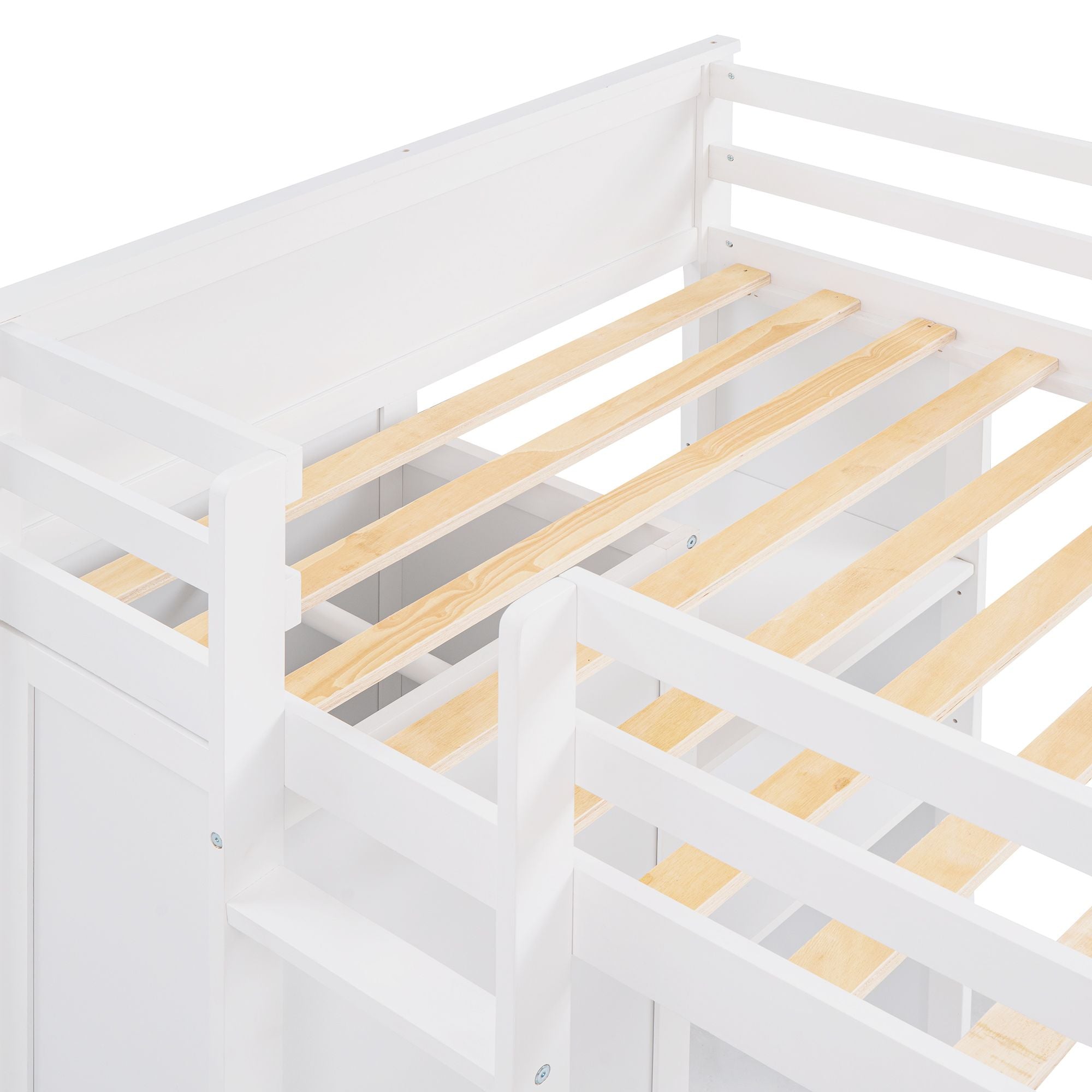 Twin size Loft Bed with a Stand-alone bed; Shelves; Desk; and Wardrobe