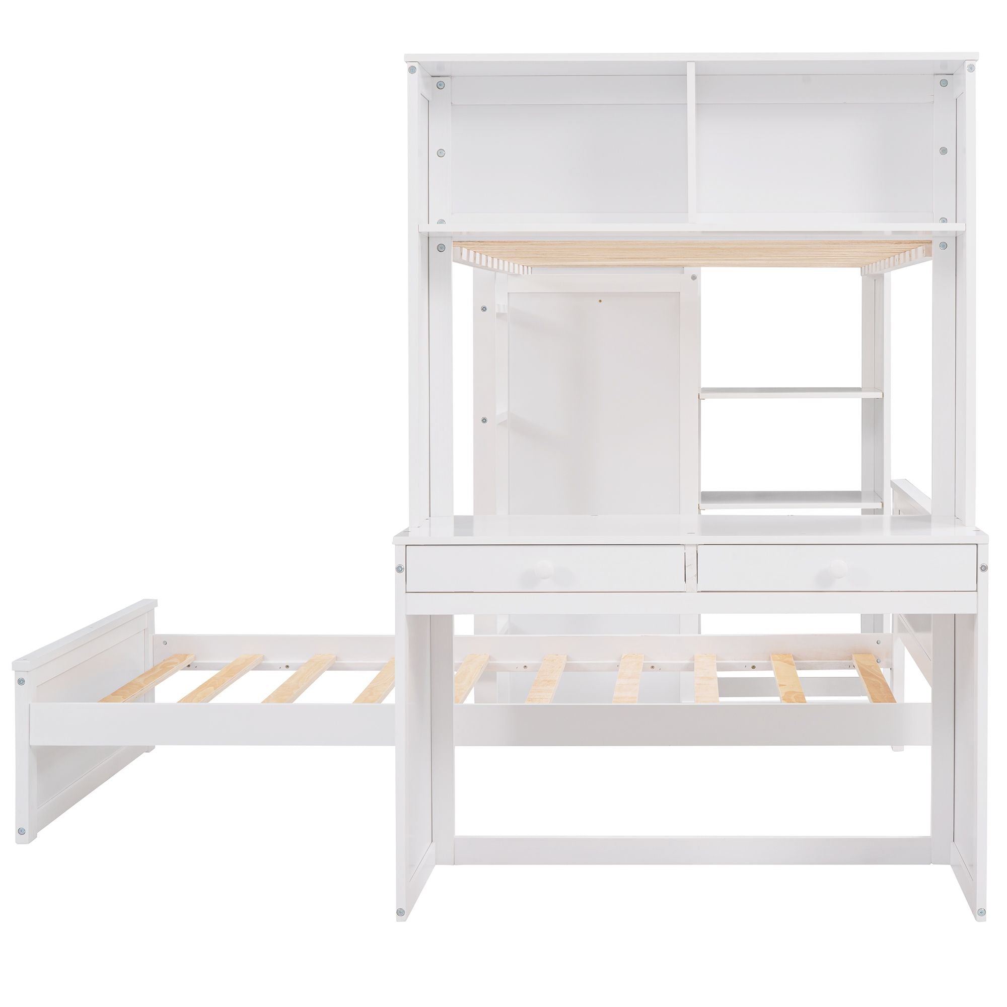 Twin size Loft Bed with a Stand-alone bed; Shelves; Desk; and Wardrobe