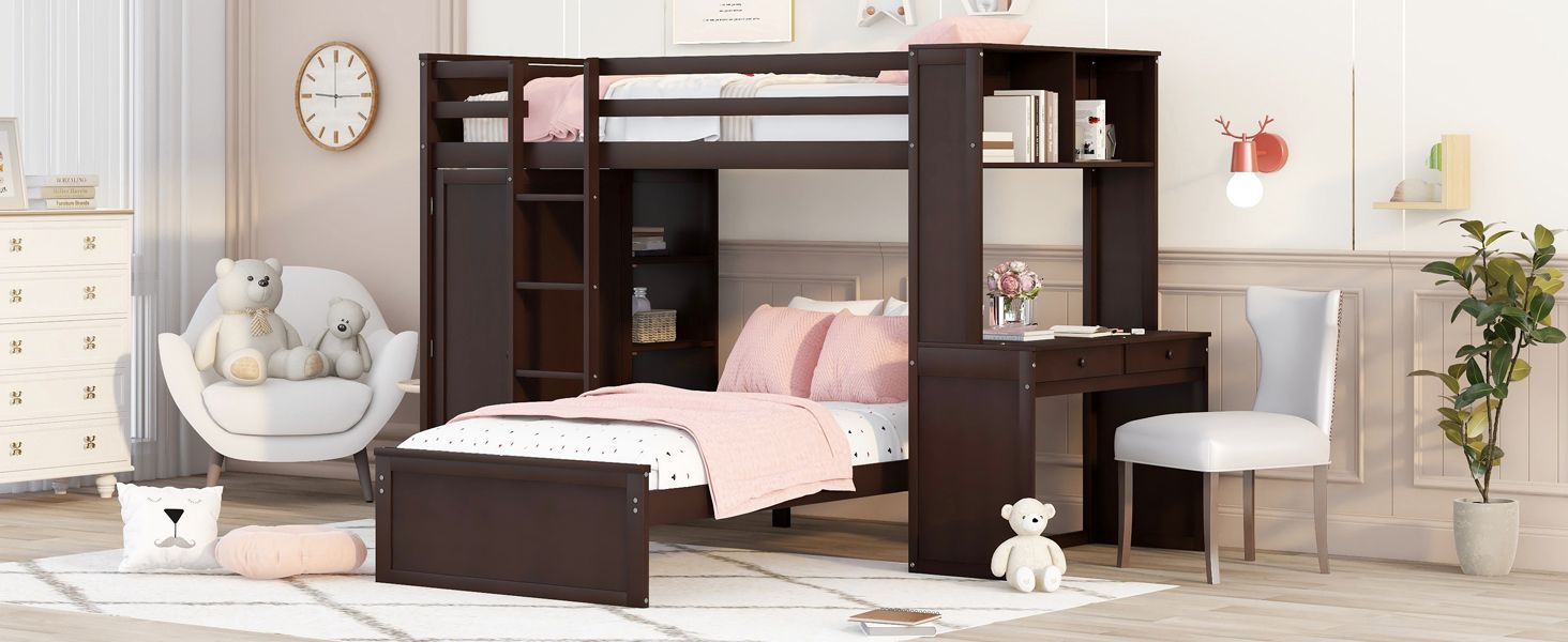 Twin size Loft Bed with a Stand-alone bed; Shelves; Desk; and Wardrobe