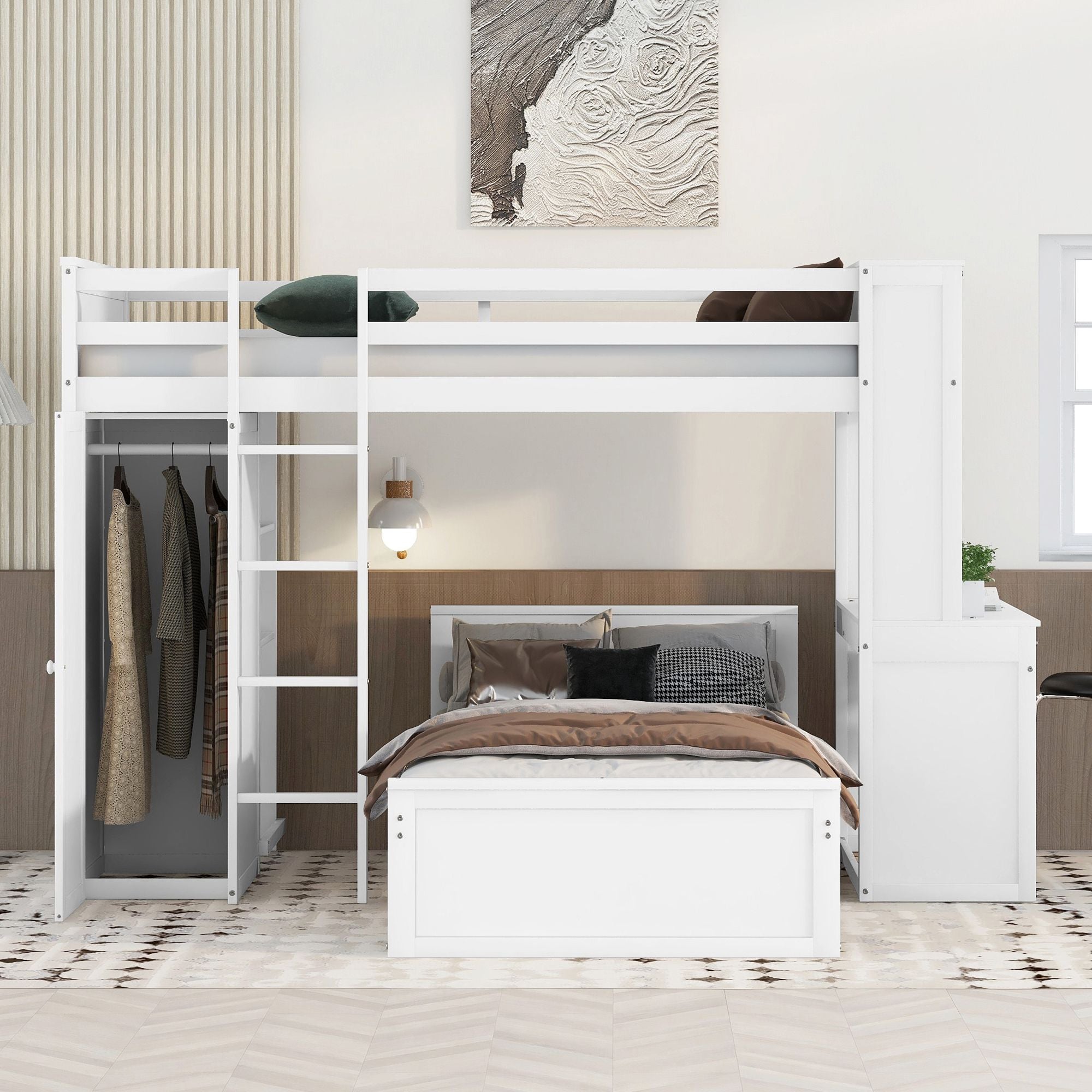 Twin size Loft Bed with a Stand-alone bed; Shelves; Desk; and Wardrobe