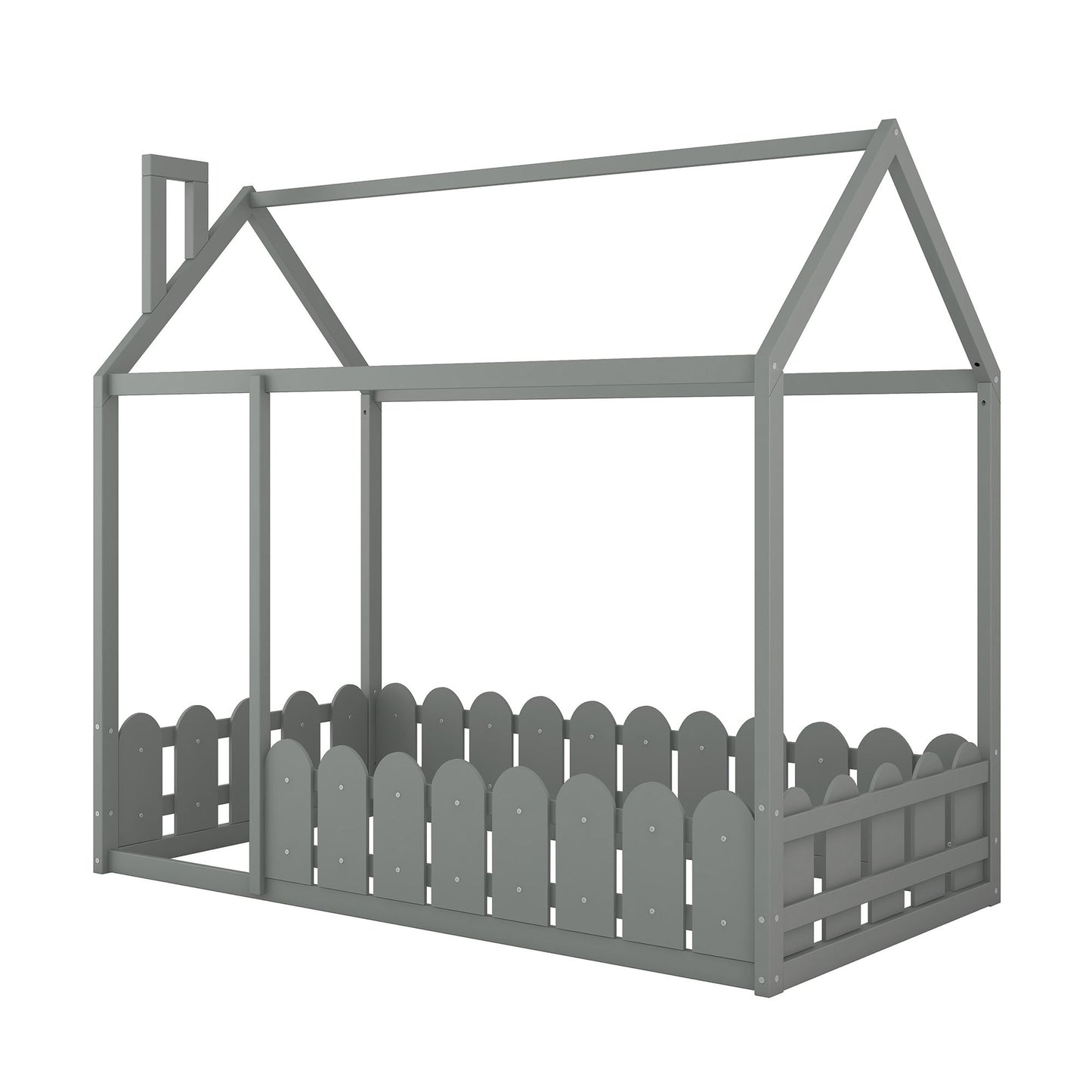 (Slats are not included) Twin Size Wood Bed House Bed Frame with Fence; for Kids; Teens; Girls; Boys