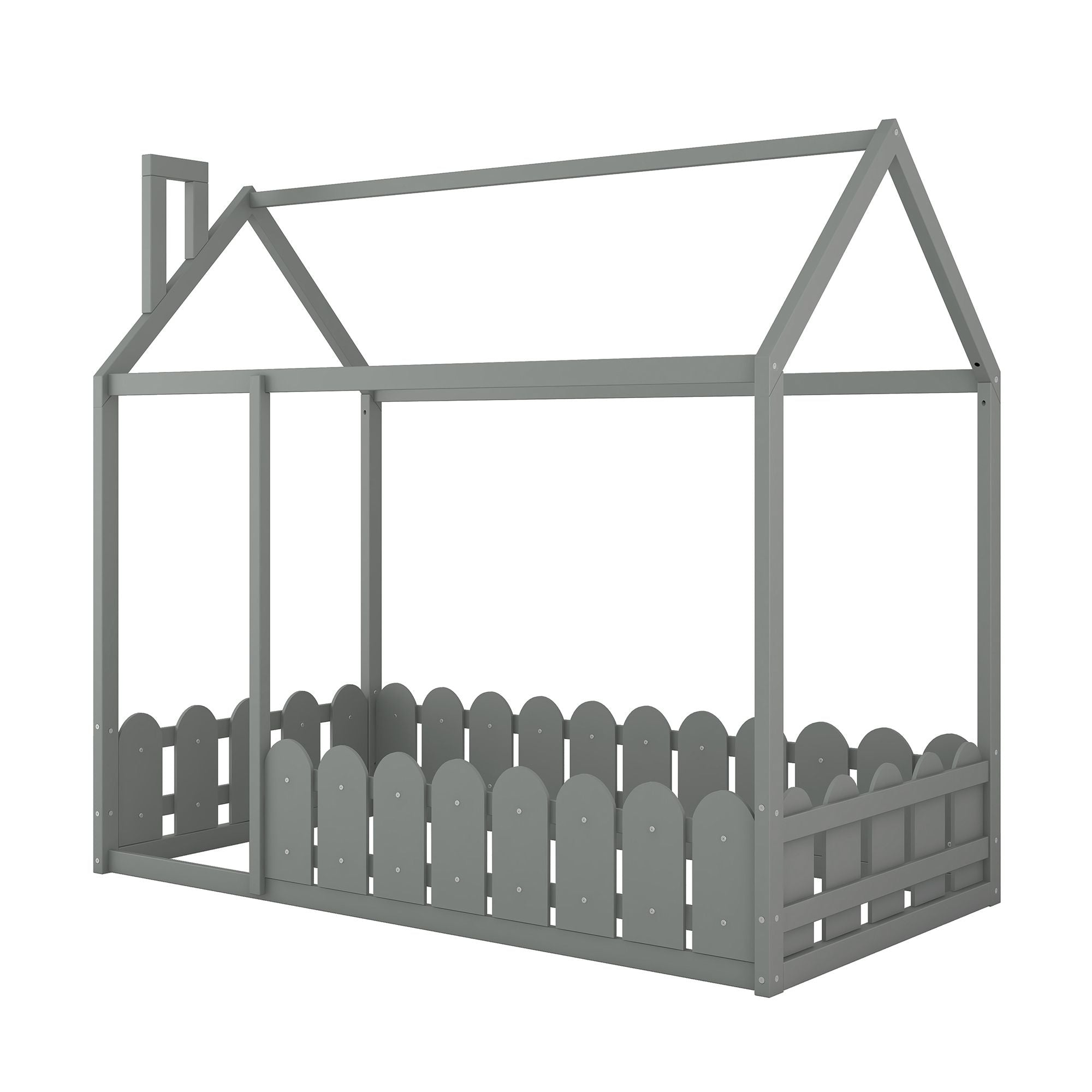 (Slats are not included) Twin Size Wood Bed House Bed Frame with Fence; for Kids; Teens; Girls; Boys