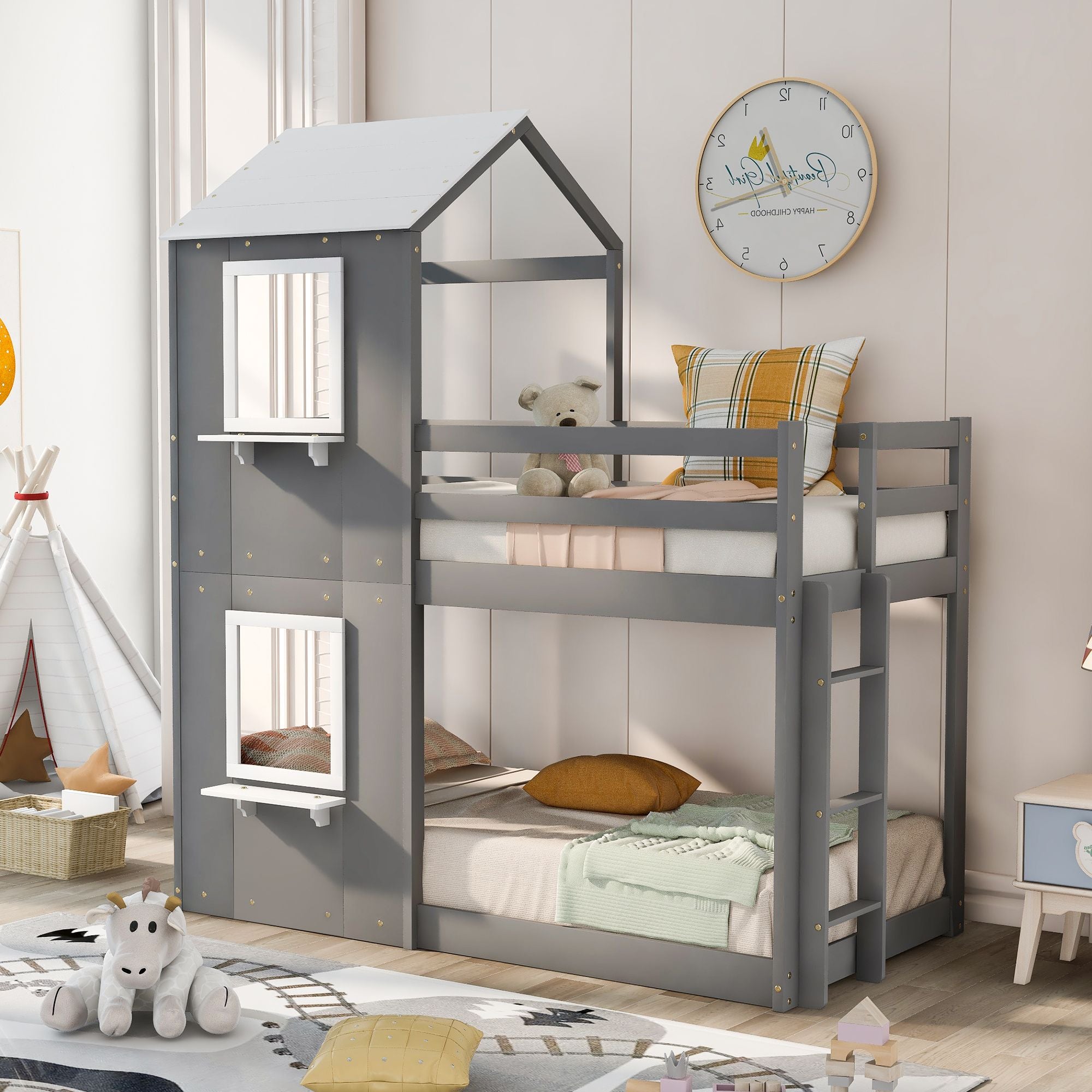 Twin Over Twin Bunk Bed Wood Bed with Roof; Window; Guardrail; Ladder