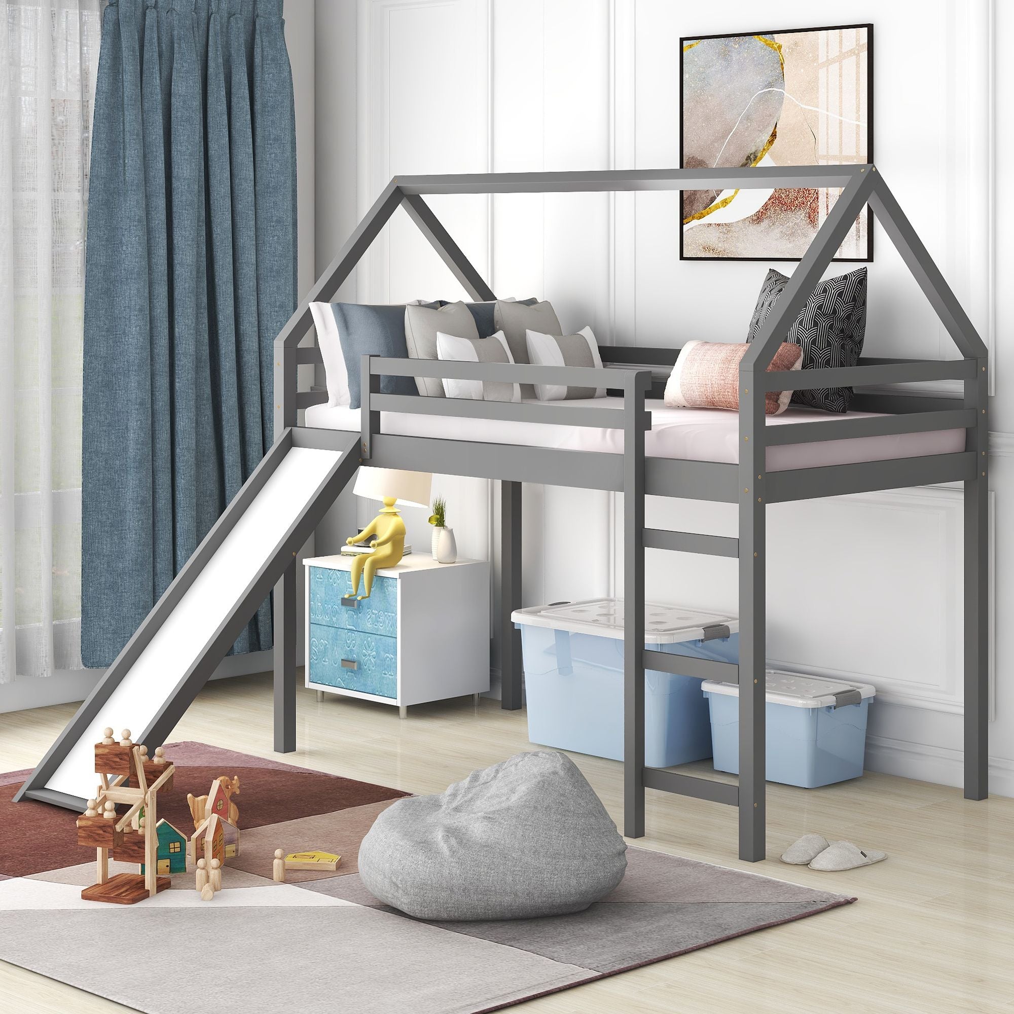 Twin Size Loft Bed with Slide; House Bed with Slide