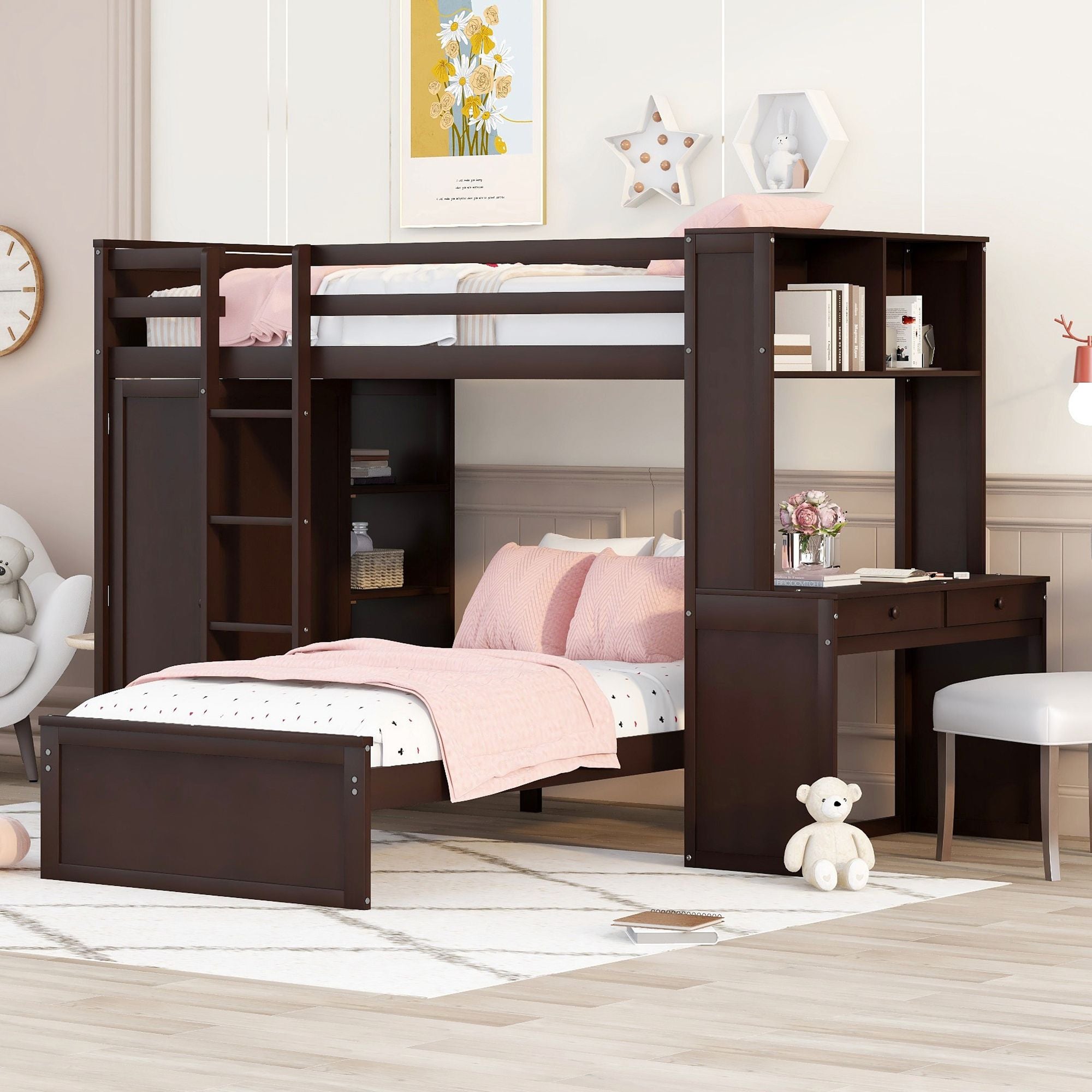 Twin size Loft Bed with a Stand-alone bed; Shelves; Desk; and Wardrobe