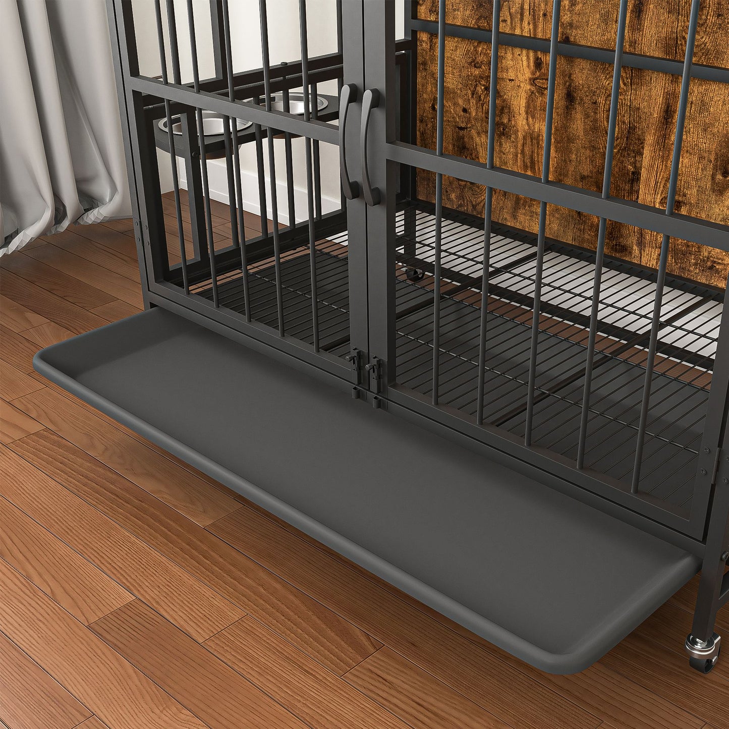 Modern Kennel Dogs room up to 80 LB, Dog crate furniture with Multi-Purpose Rremovable Ttray, Double-Door Dog House, lift Panel, 360 Degree Rotation -3 Height Adjustable Feeding Bowls