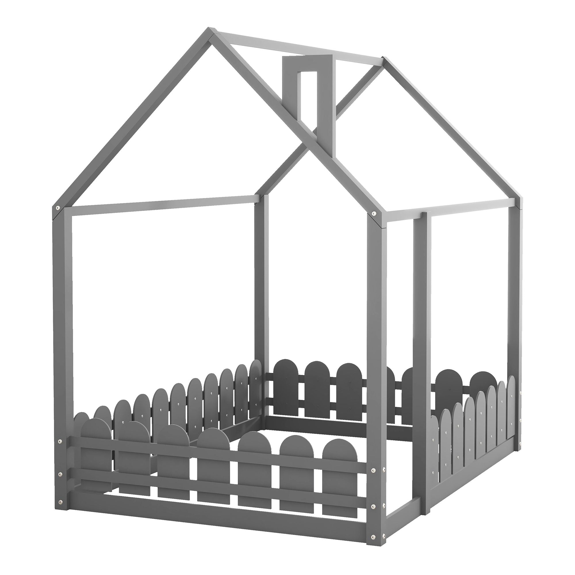 (Slats are not included) Full Size Wood Bed House Bed Frame with Fence; for Kids; Teens; Girls; Boys