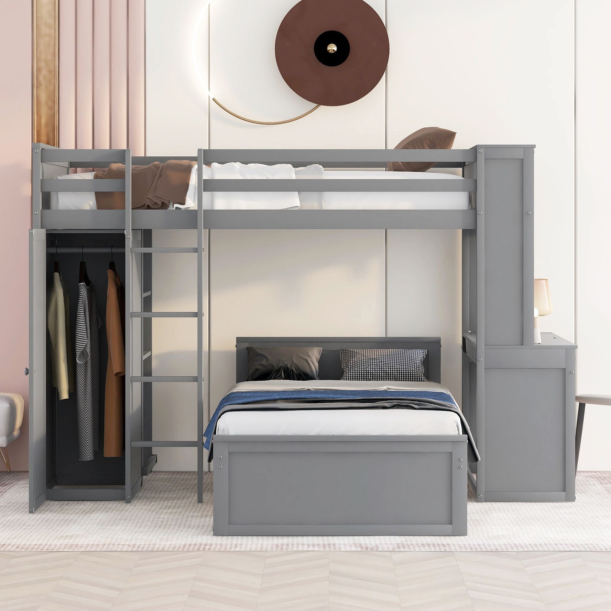 Twin size Loft Bed with a Stand-alone bed; Shelves; Desk; and Wardrobe