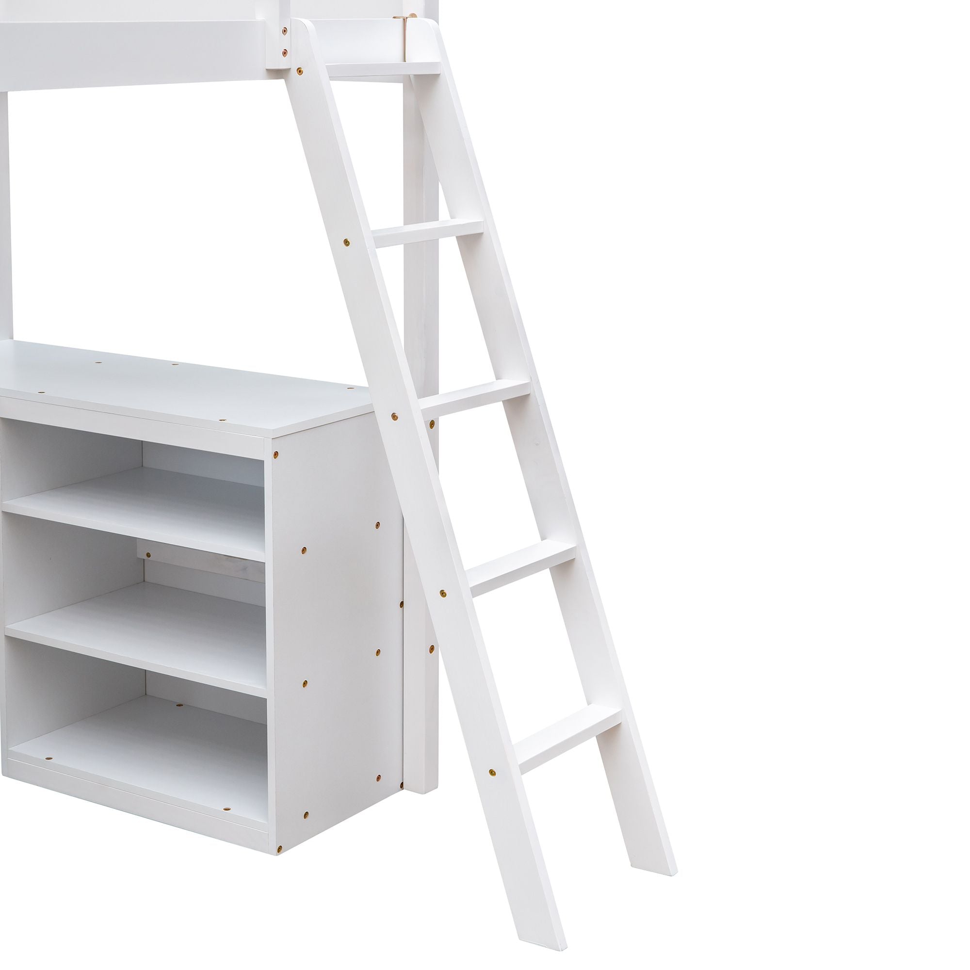 Twin size Loft Bed with Shelves and Desk; Wooden Loft Bed with Desk