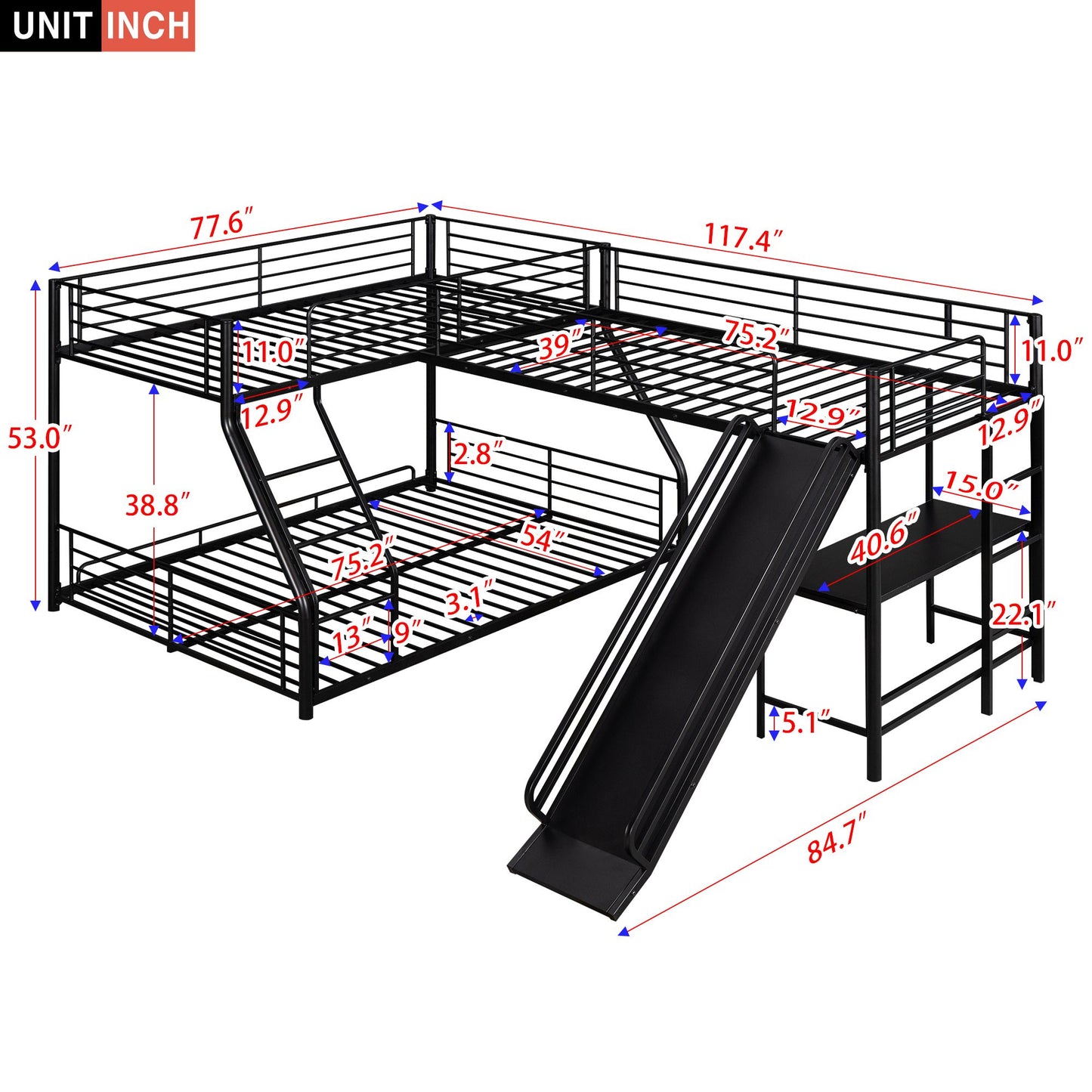 L-Shaped Twin over Full Bunk Bed with Twin Size Loft Bed; Built-in Desk and Slide
