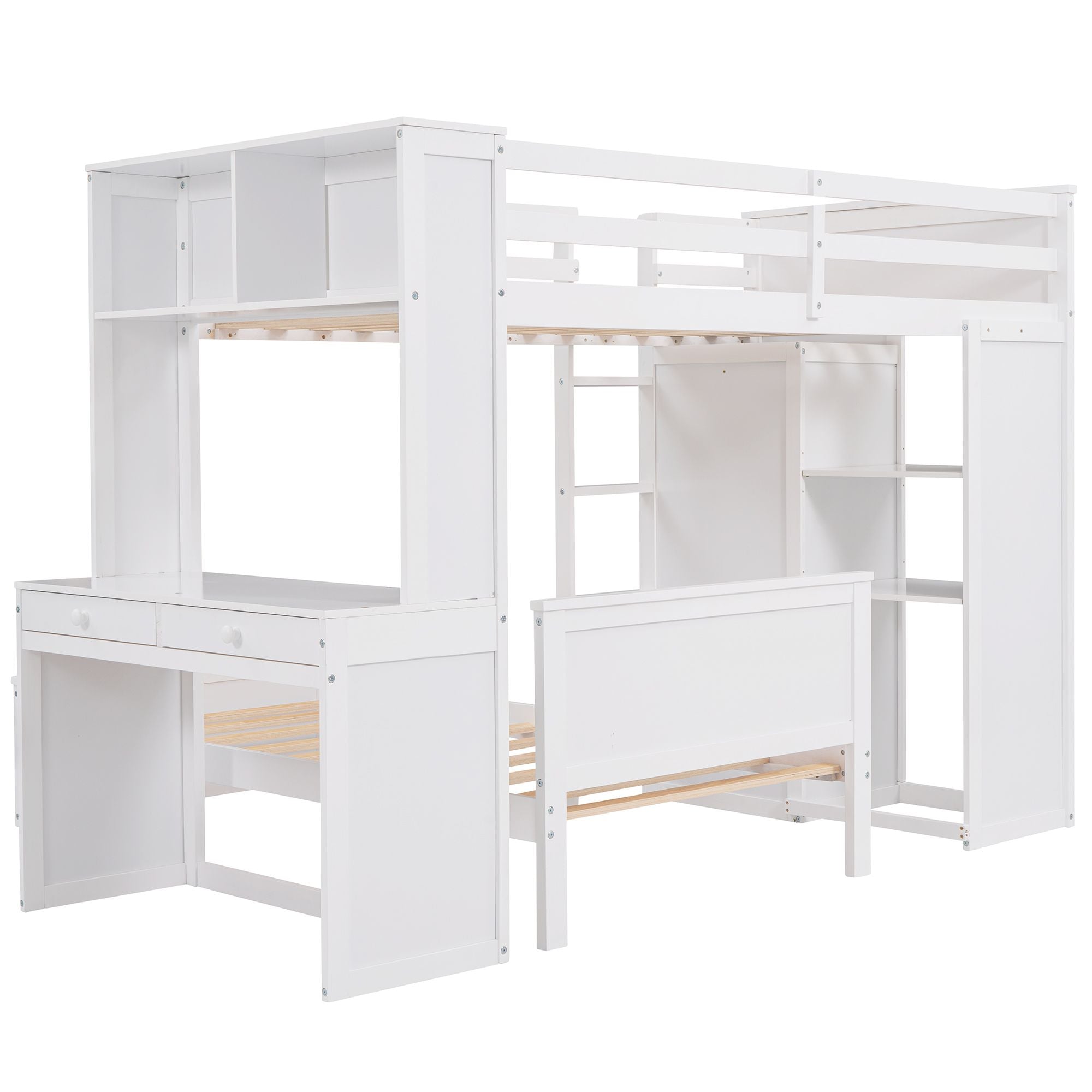 Twin size Loft Bed with a Stand-alone bed; Shelves; Desk; and Wardrobe