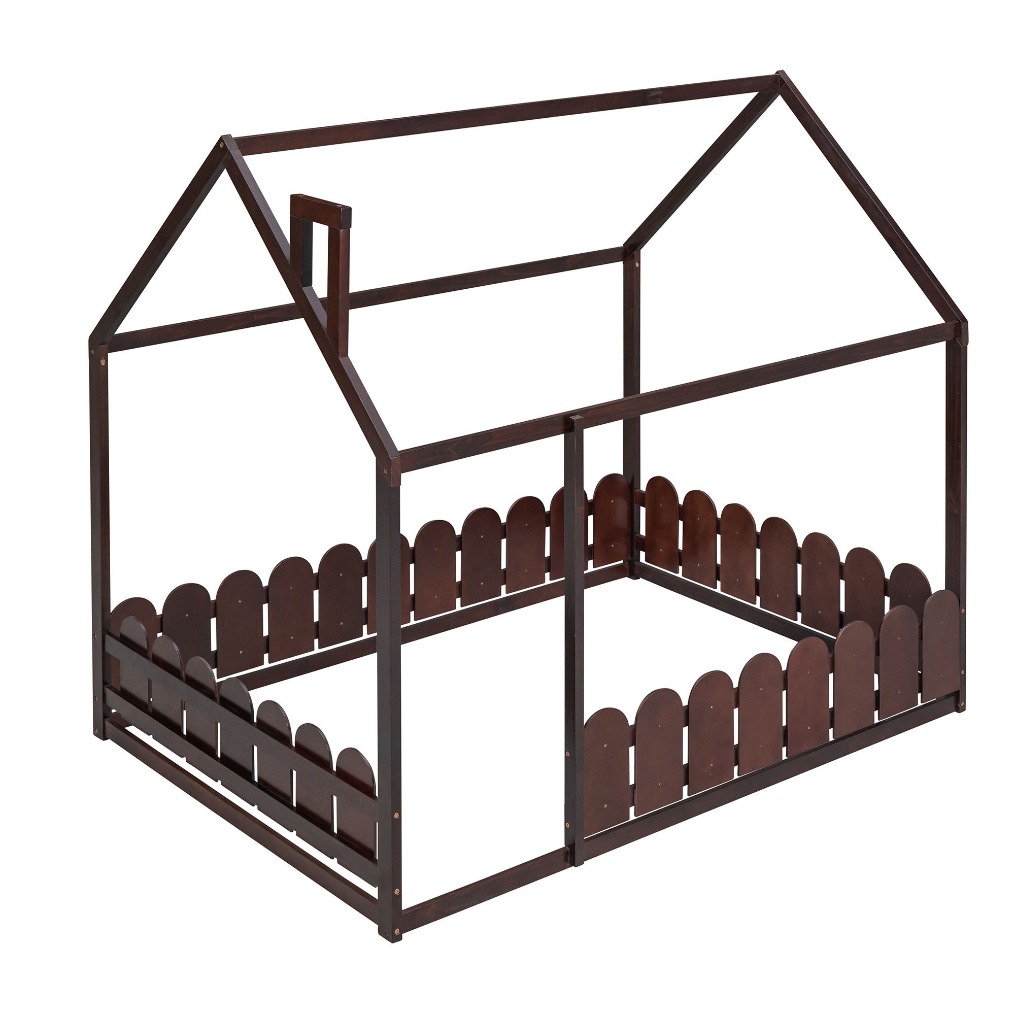 (Slats are not included) Full Size Wood Bed House Bed Frame with Fence; for Kids; Teens; Girls; Boys