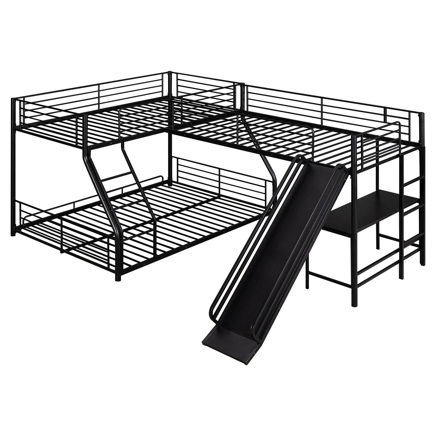 L-Shaped Twin over Full Bunk Bed with Twin Size Loft Bed; Built-in Desk and Slide