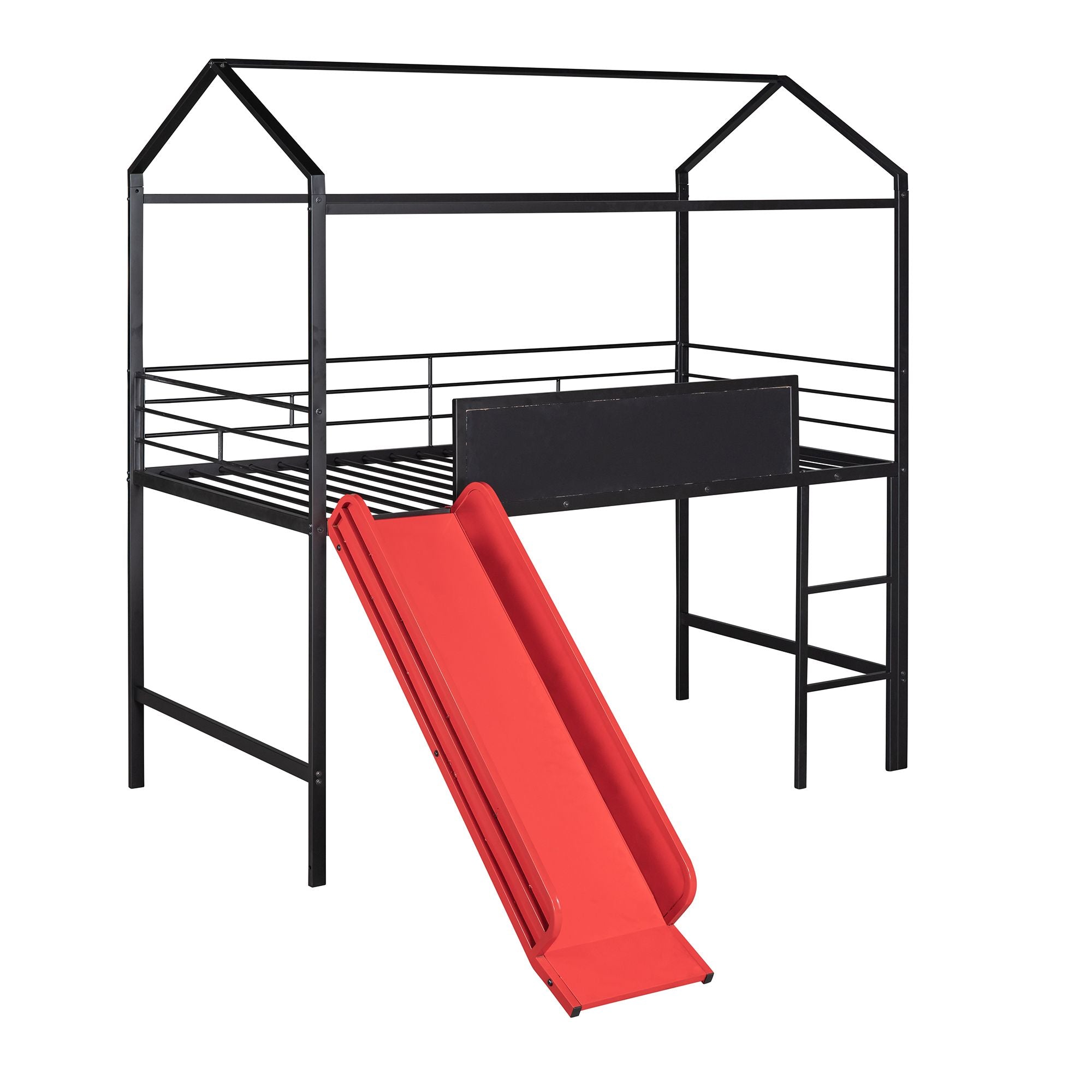 Metal House Bed With Slide; Twin Size Metal Loft Bed with Two-sided writable Wooden Board