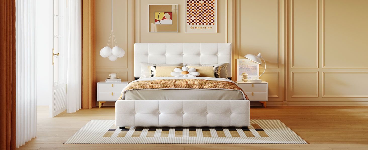 Upholstered Platform Bed with Classic Headboard and 4 Drawers; No Box Spring Needed; Linen Fabric; Queen Size