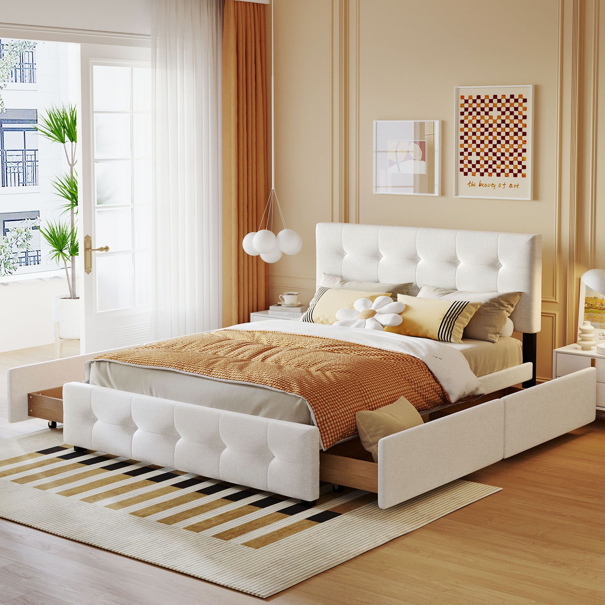 Upholstered Platform Bed with Classic Headboard and 4 Drawers; No Box Spring Needed; Linen Fabric; Queen Size