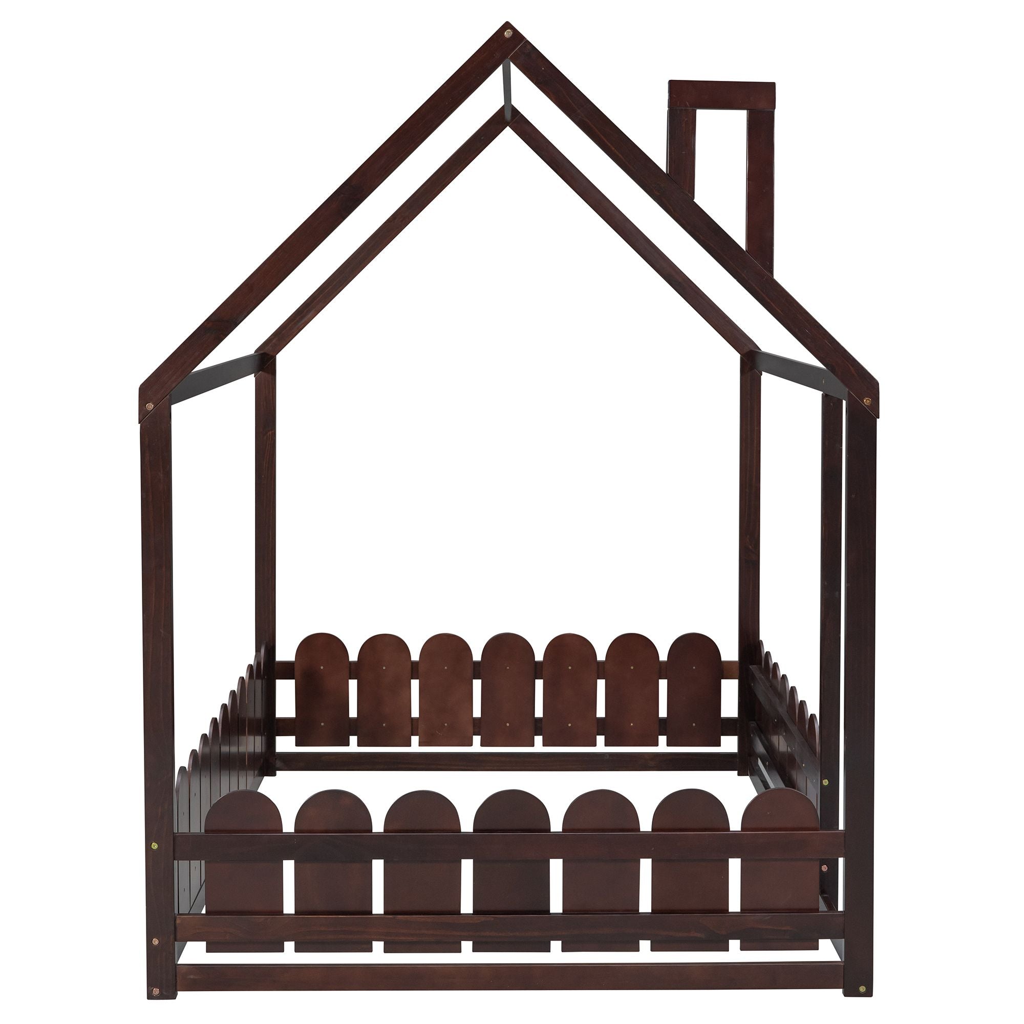 (Slats are not included) Full Size Wood Bed House Bed Frame with Fence; for Kids; Teens; Girls; Boys