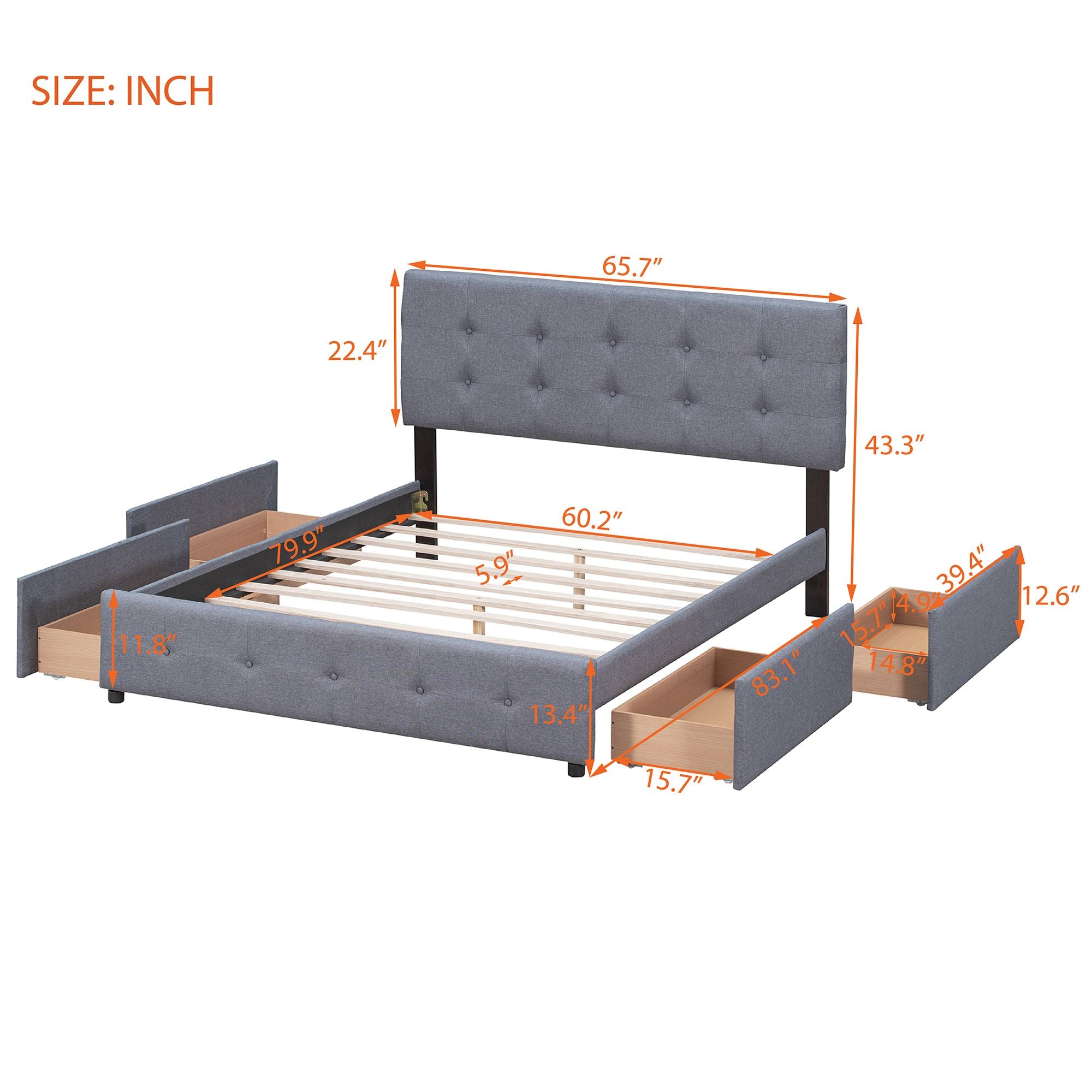 Upholstered Platform Bed with Classic Headboard and 4 Drawers; No Box Spring Needed; Linen Fabric; Queen Size