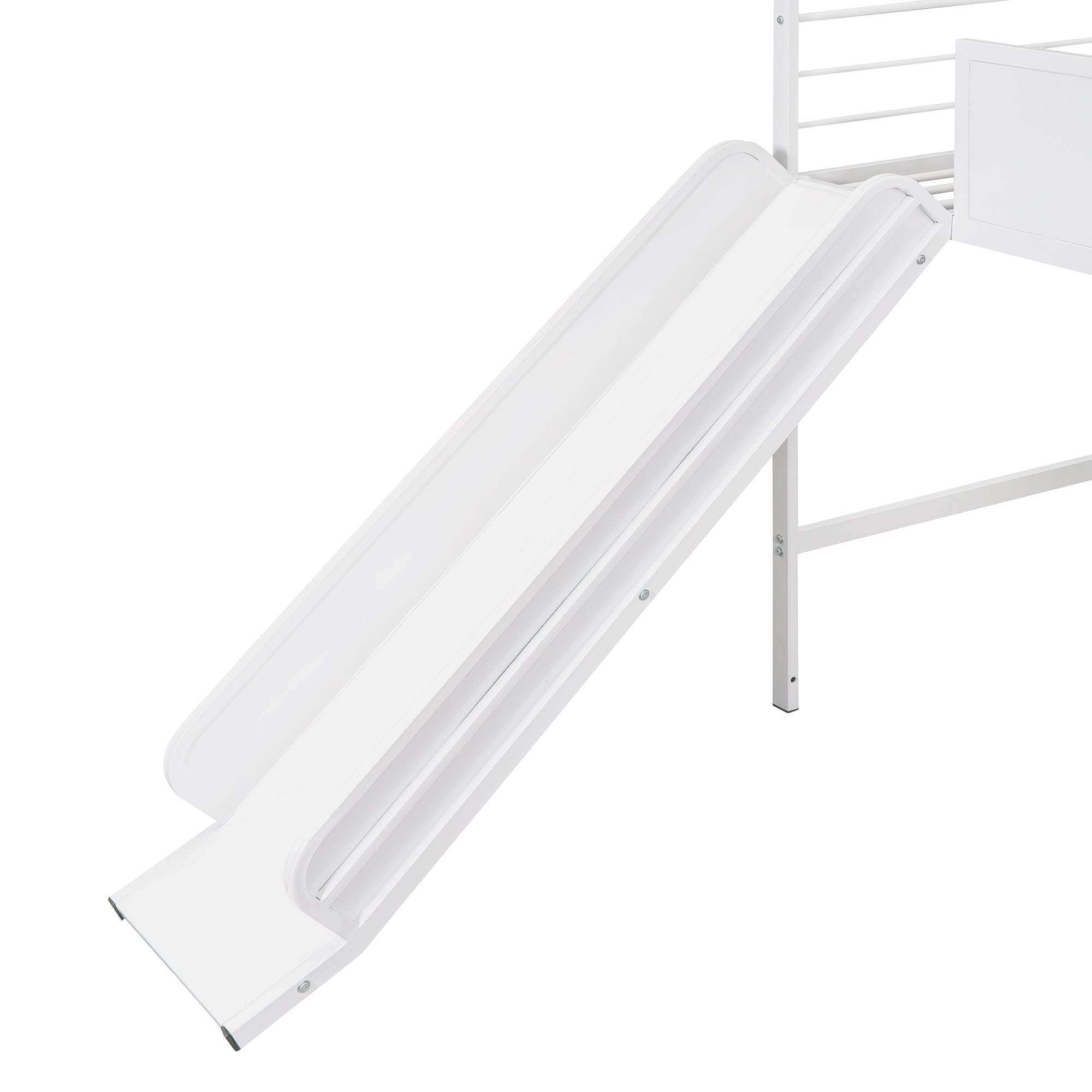 Metal House Bed With Slide; Twin Size Metal Loft Bed with Two-sided writable Wooden Board