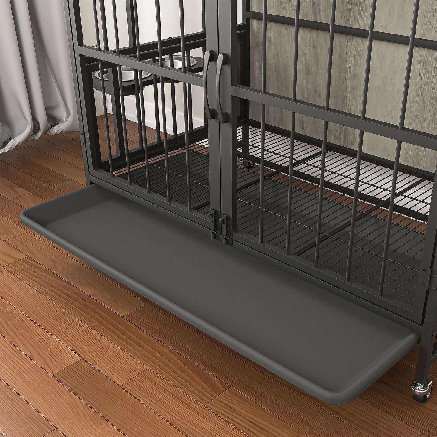 Modern Kennel Dogs room up to 80 LB, Dog crate furniture with Multi-Purpose Rremovable Ttray, Double-Door Dog House, lift Panel, 360 Degree Rotation -3 Height Adjustable Feeding Bowls