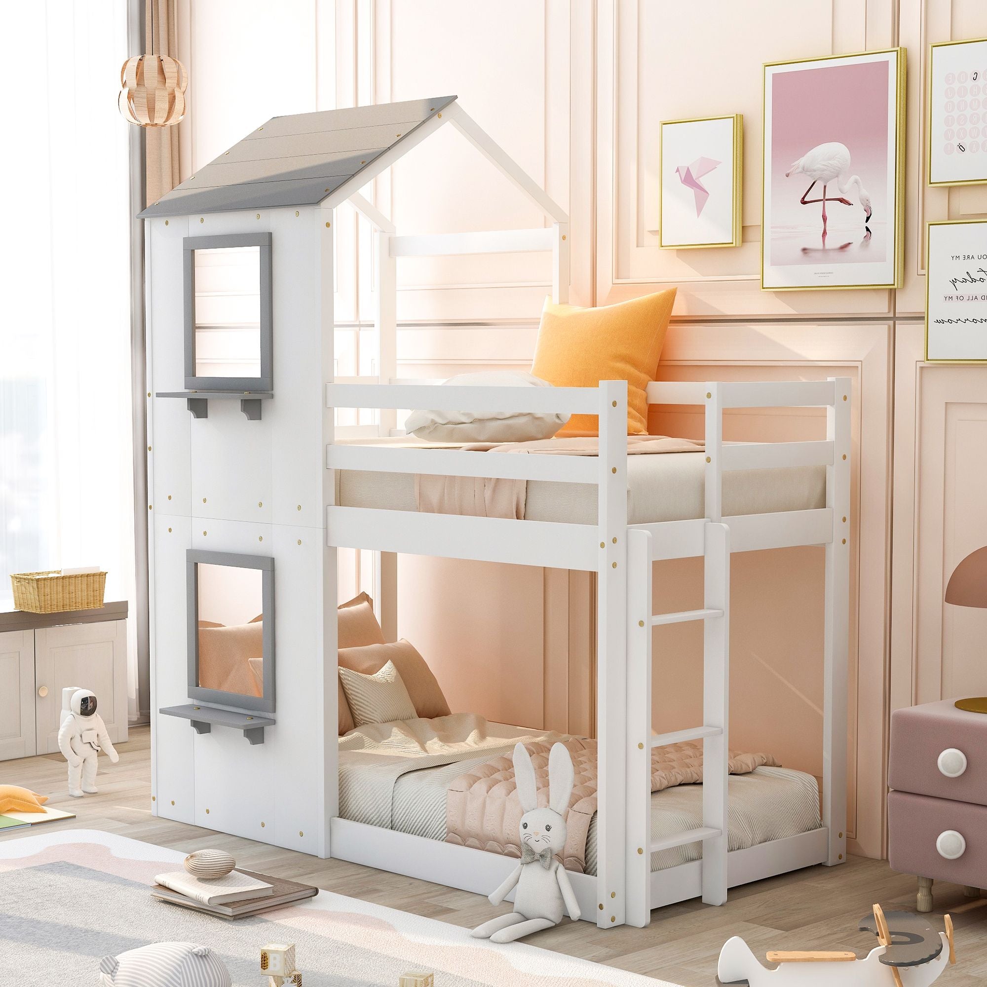 Twin Over Twin Bunk Bed Wood Bed with Roof; Window; Guardrail; Ladder