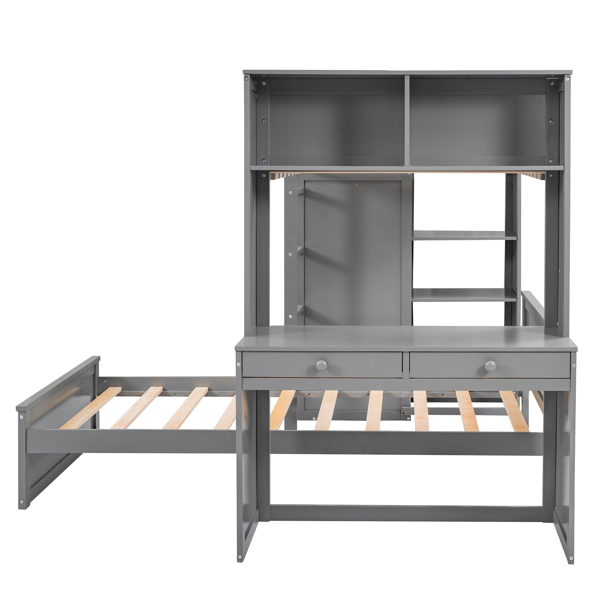 Twin size Loft Bed with a Stand-alone bed; Shelves; Desk; and Wardrobe