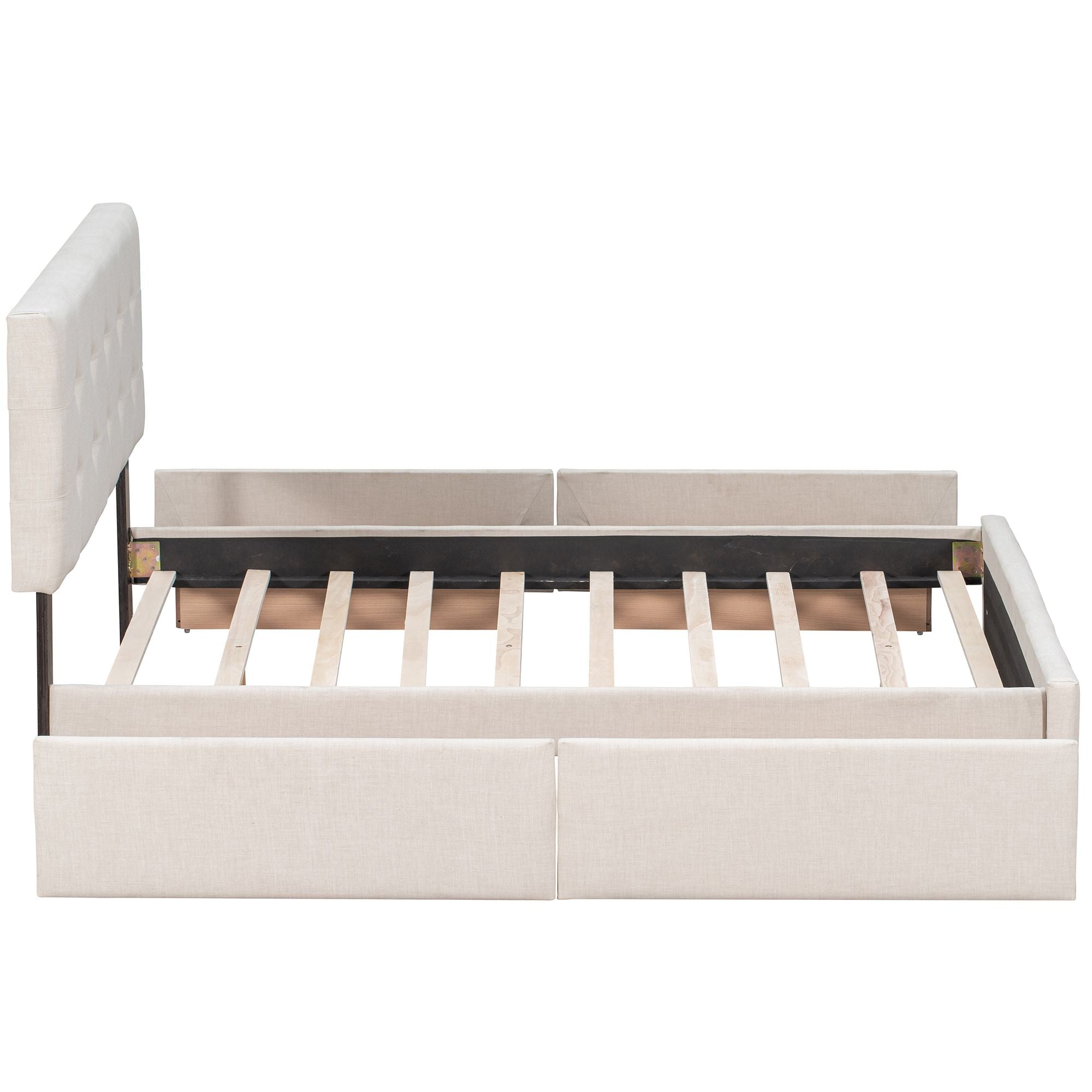 Upholstered Platform Bed with Classic Headboard and 4 Drawers; No Box Spring Needed; Linen Fabric; Queen Size