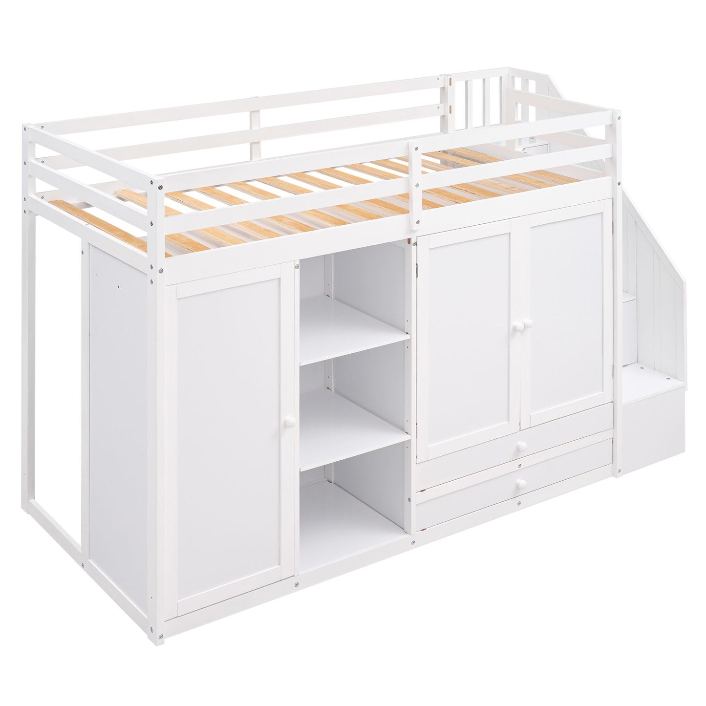 Functional Loft Bed with 3 Shelves; 2 Wardrobes and 2 Drawers; Ladder with Storage; No Box Spring Needed