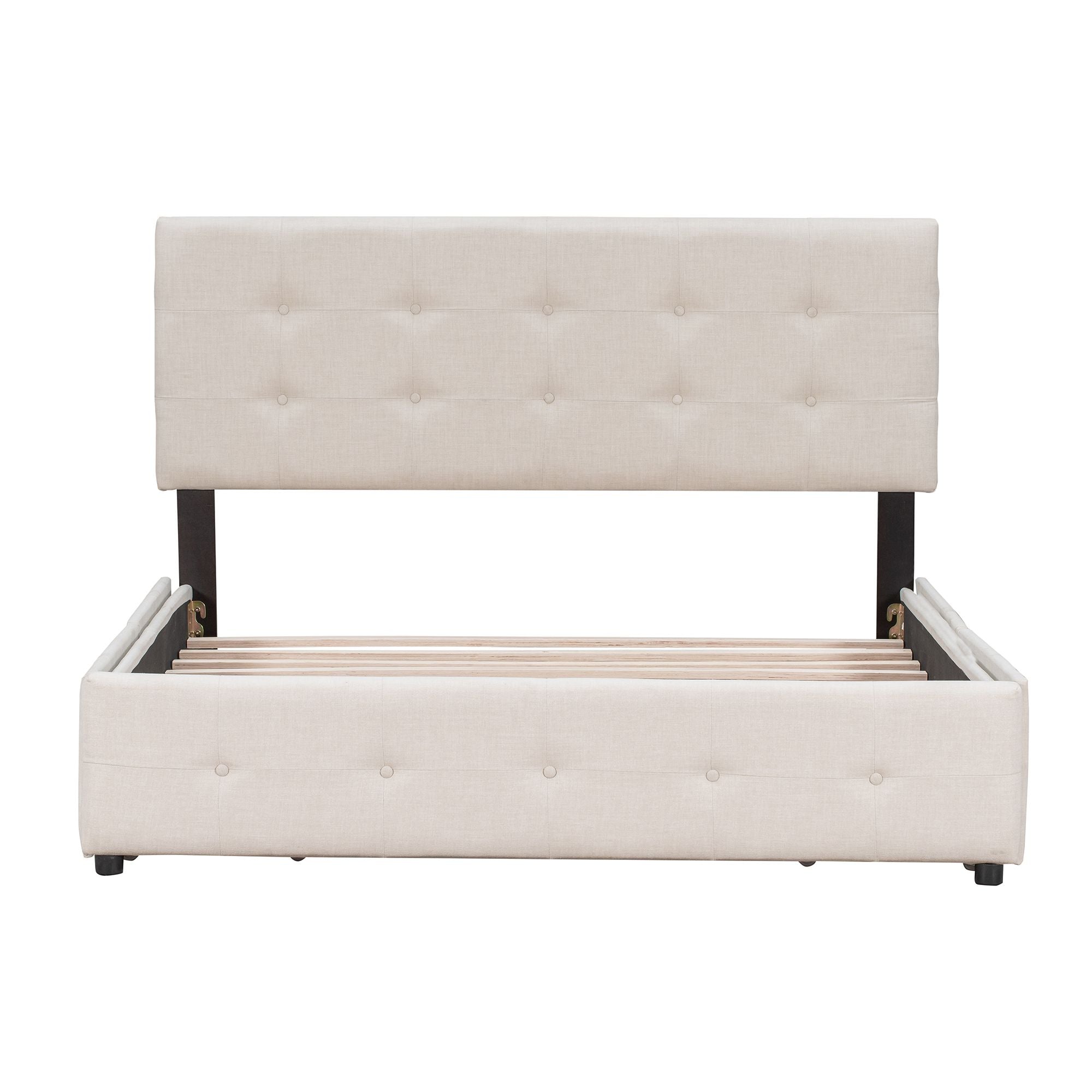 Upholstered Platform Bed with Classic Headboard and 4 Drawers; No Box Spring Needed; Linen Fabric; Queen Size