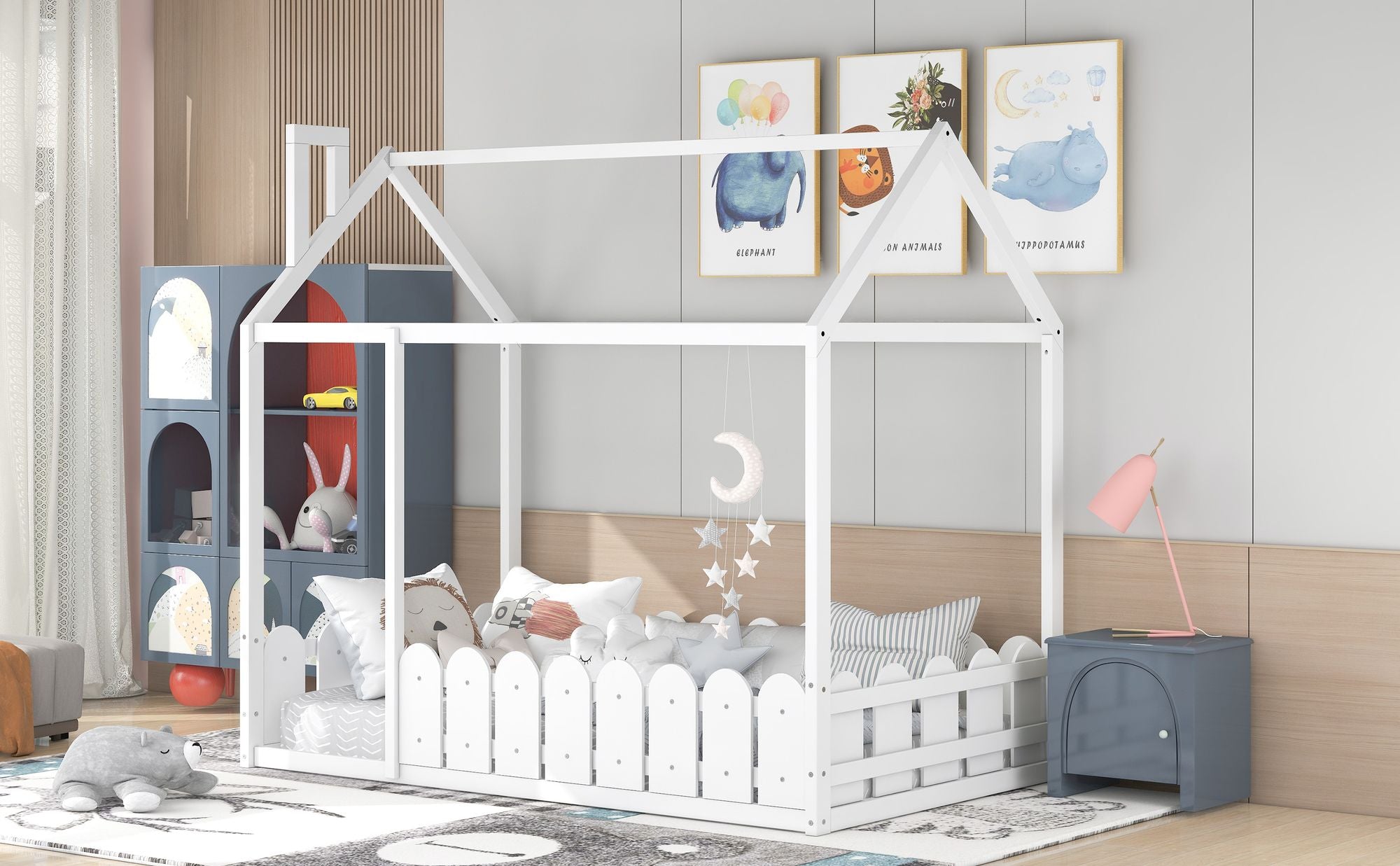 (Slats are not included) Twin Size Wood Bed House Bed Frame with Fence; for Kids; Teens; Girls; Boys