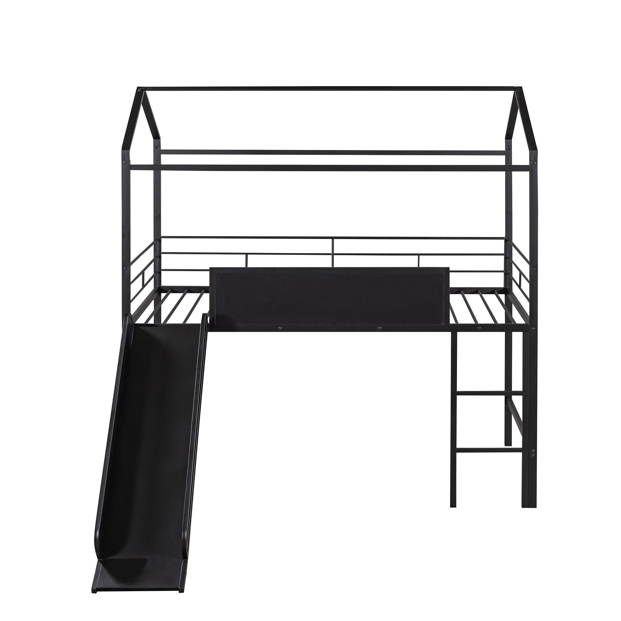 Metal House Bed With Slide; Twin Size Metal Loft Bed with Two-sided writable Wooden Board