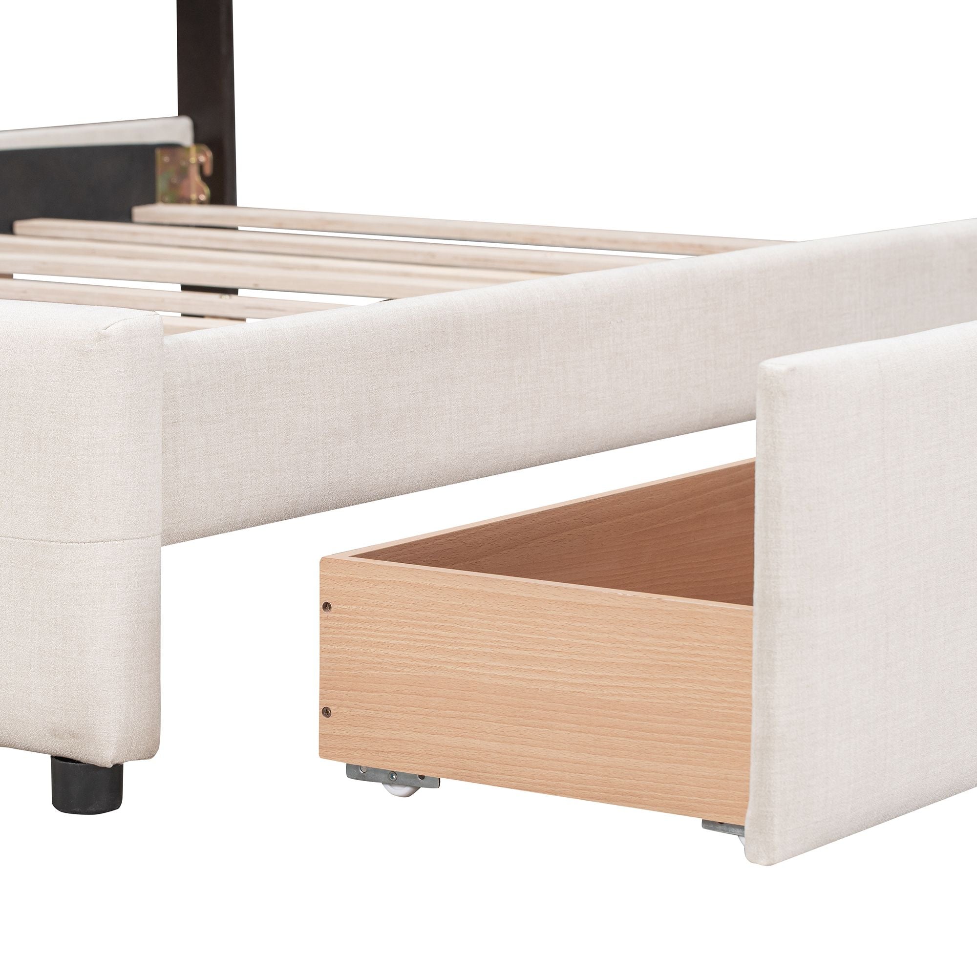 Upholstered Platform Bed with Classic Headboard and 4 Drawers; No Box Spring Needed; Linen Fabric; Queen Size