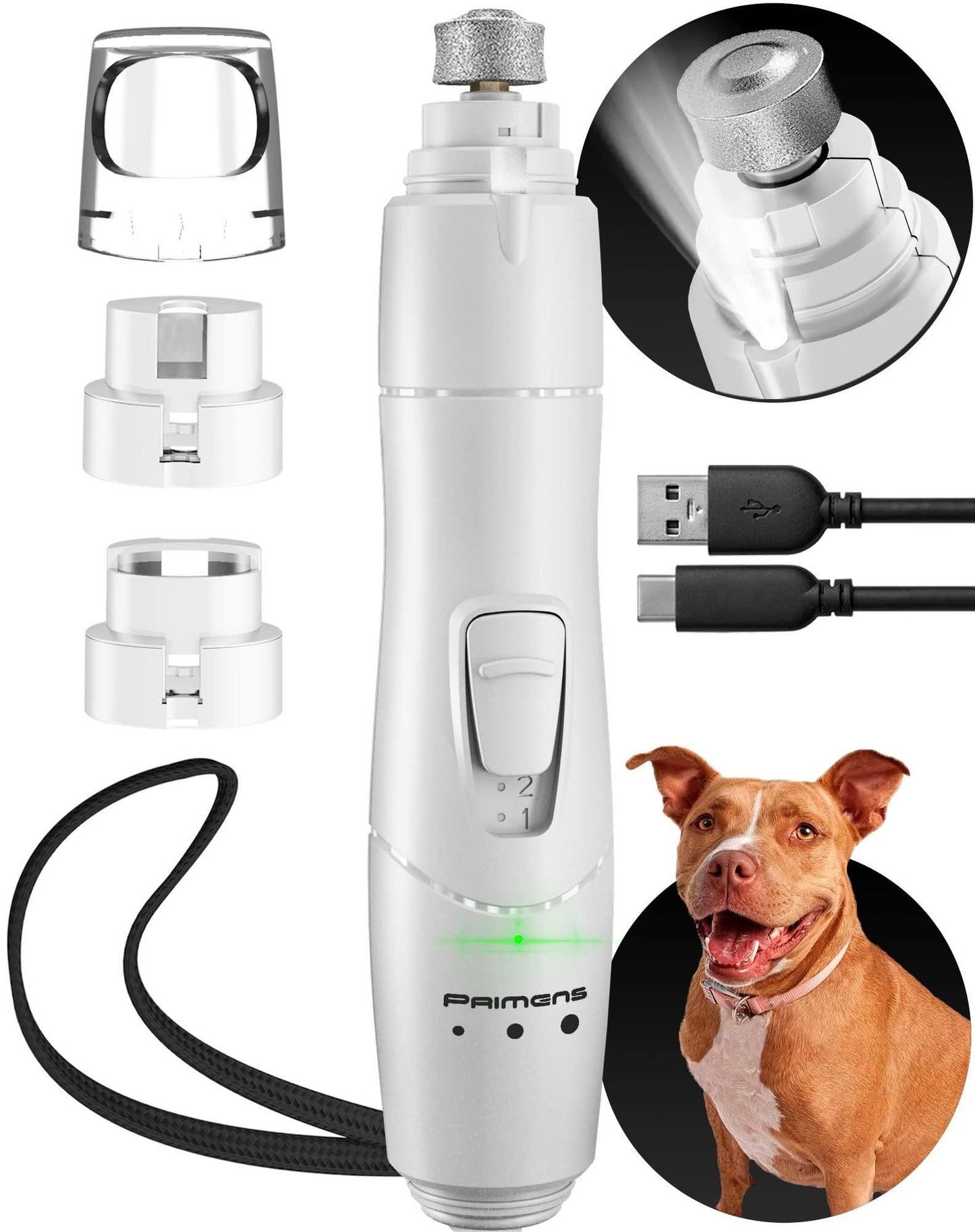 White Dog Nail Grinder with LED Light - Rechargeable Professional Pet Nail Grinder for Large, Medium & Small Dogs | Quiet, Soft Grooming Tool for Puppies & Cats