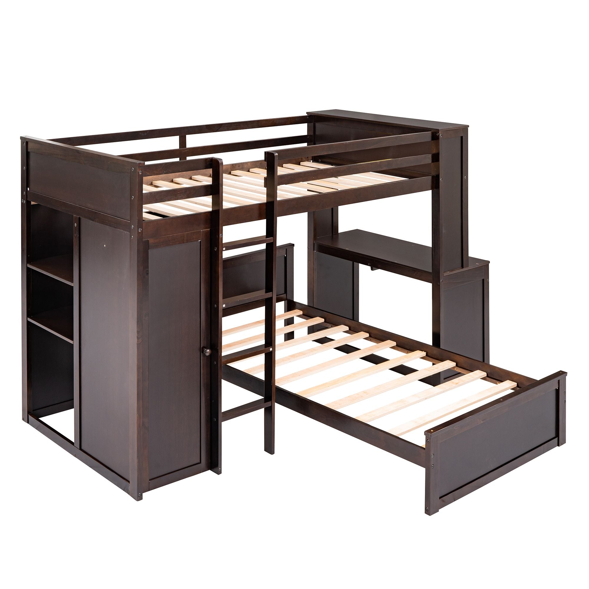 Twin size Loft Bed with a Stand-alone bed; Shelves; Desk; and Wardrobe